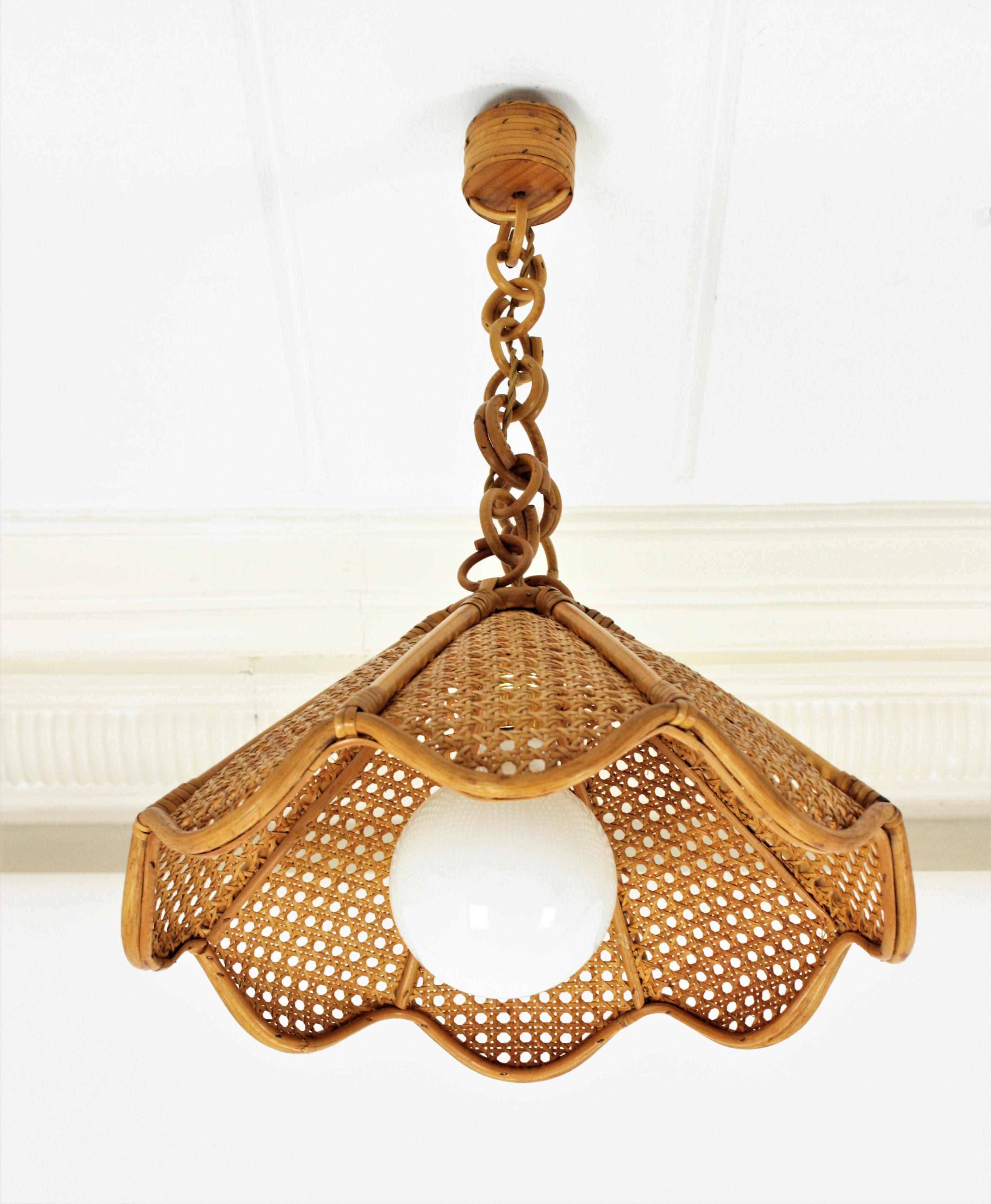 Spanish Modernist Woven Rattan and Bamboo Palm Pendant Lamp or Chandelier, 1960s 5