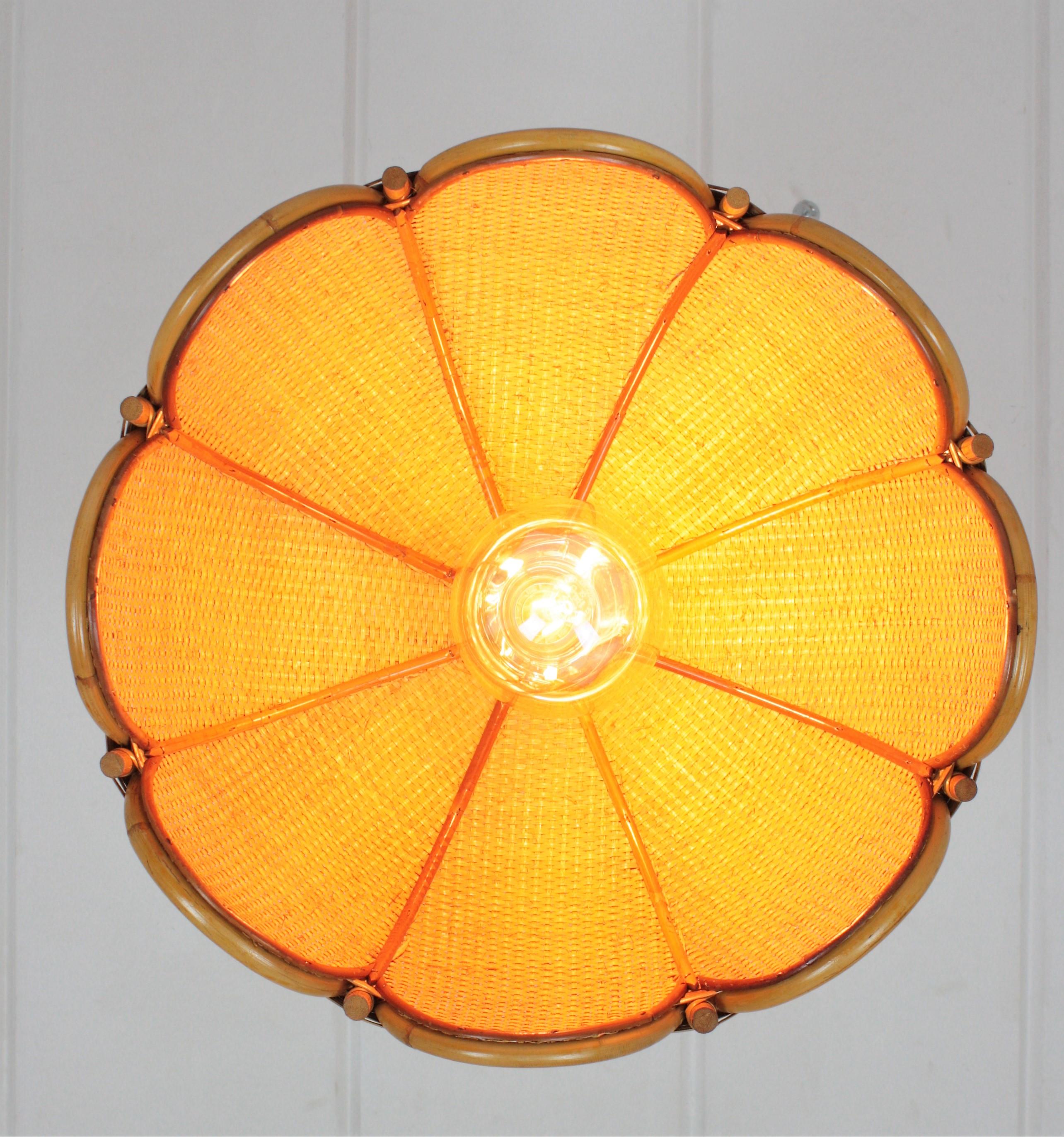 Spanish Modernist Woven Rattan and Bamboo Palm Pendant Lamp / Chandelier, 1960s 4