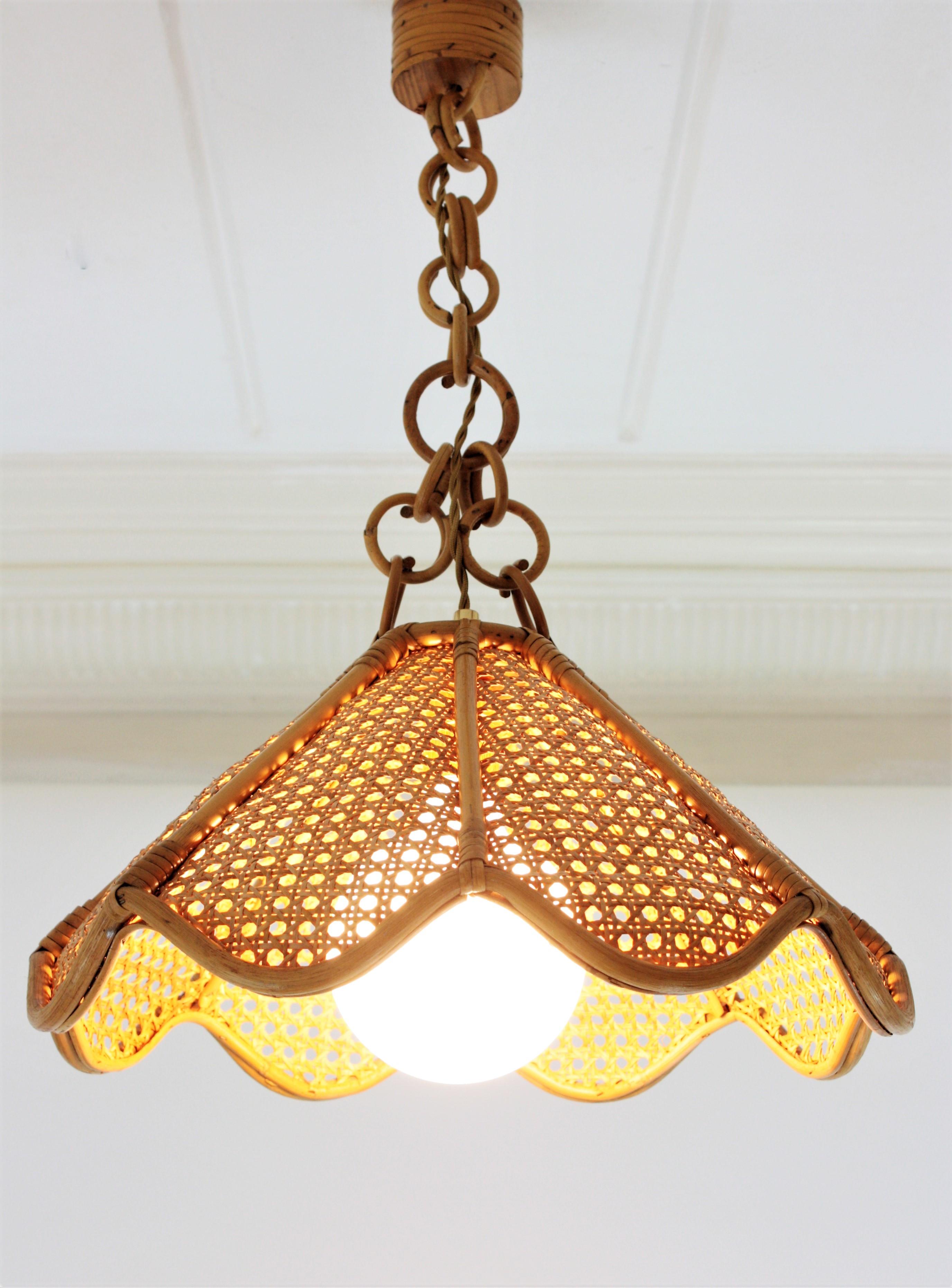 Spanish Modernist Woven Rattan and Bamboo Palm Pendant Lamp or Chandelier, 1960s 6