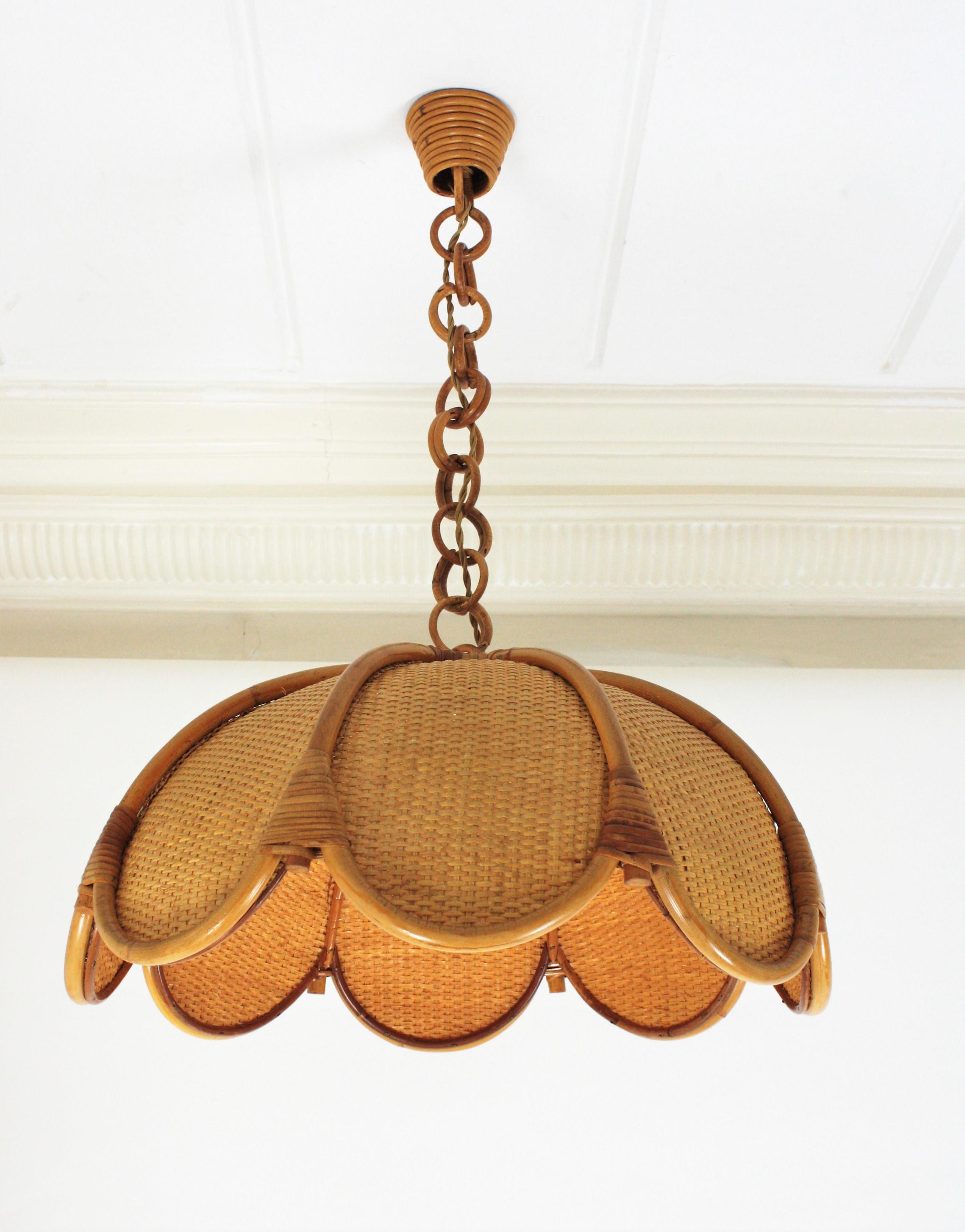 Spanish Modernist Woven Rattan and Bamboo Palm Pendant Lamp / Chandelier, 1960s 5