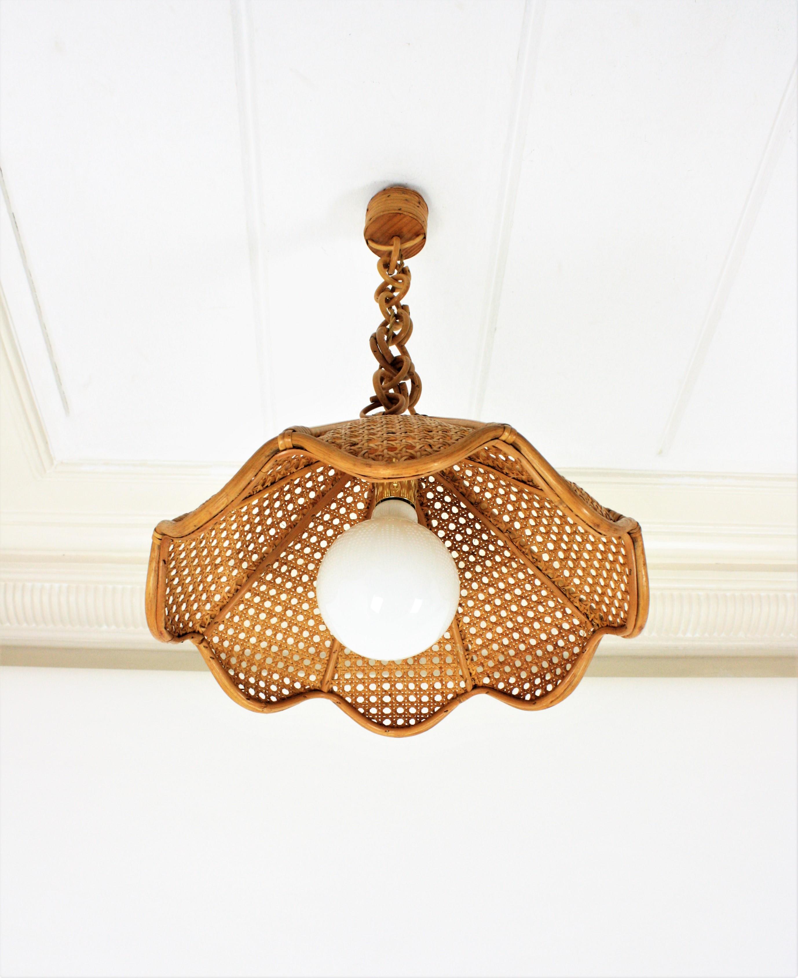 Spanish Modernist Woven Rattan and Bamboo Palm Pendant Lamp or Chandelier, 1960s 7