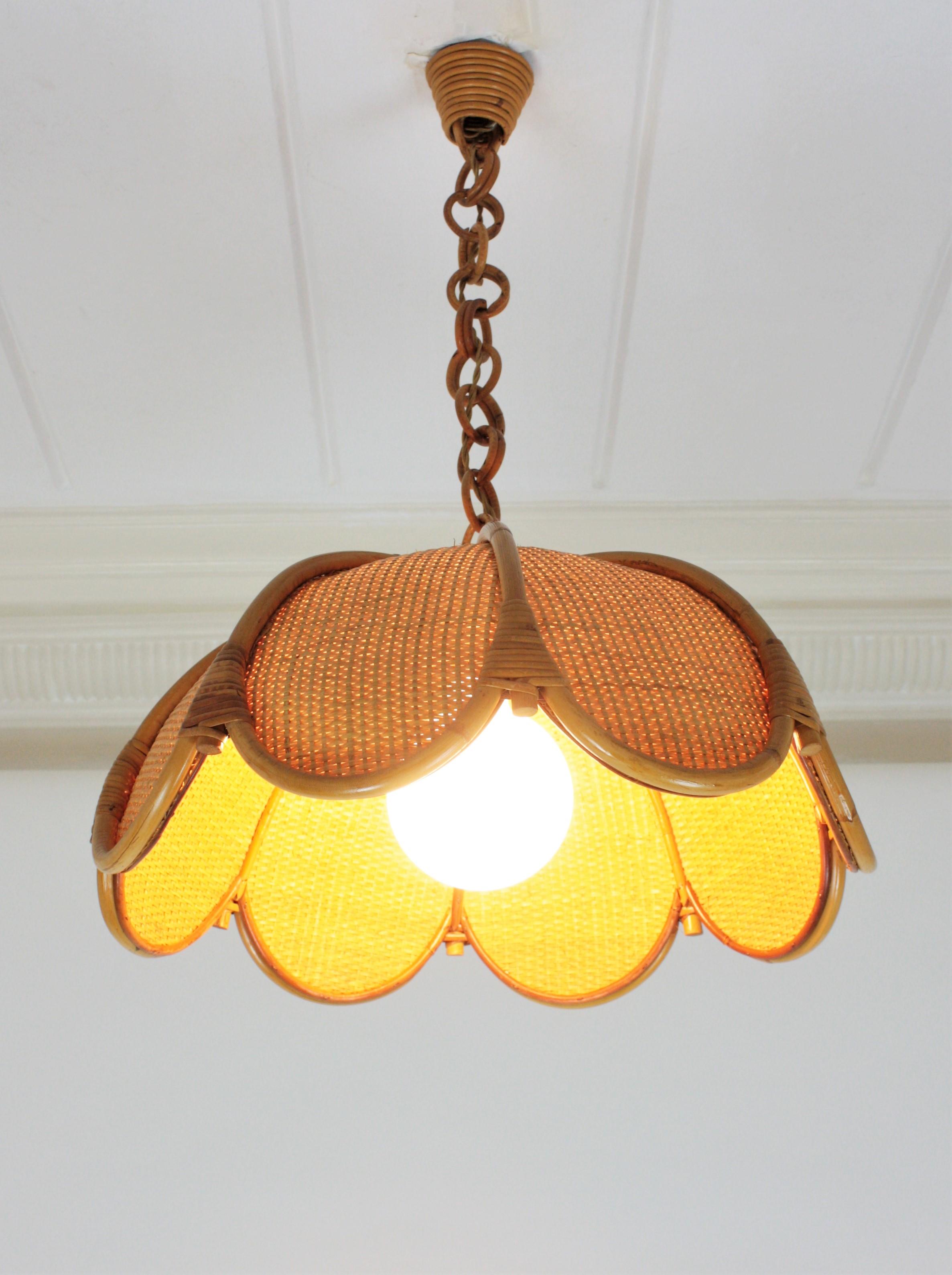 Spanish Modernist Woven Rattan and Bamboo Palm Pendant Lamp / Chandelier, 1960s 6