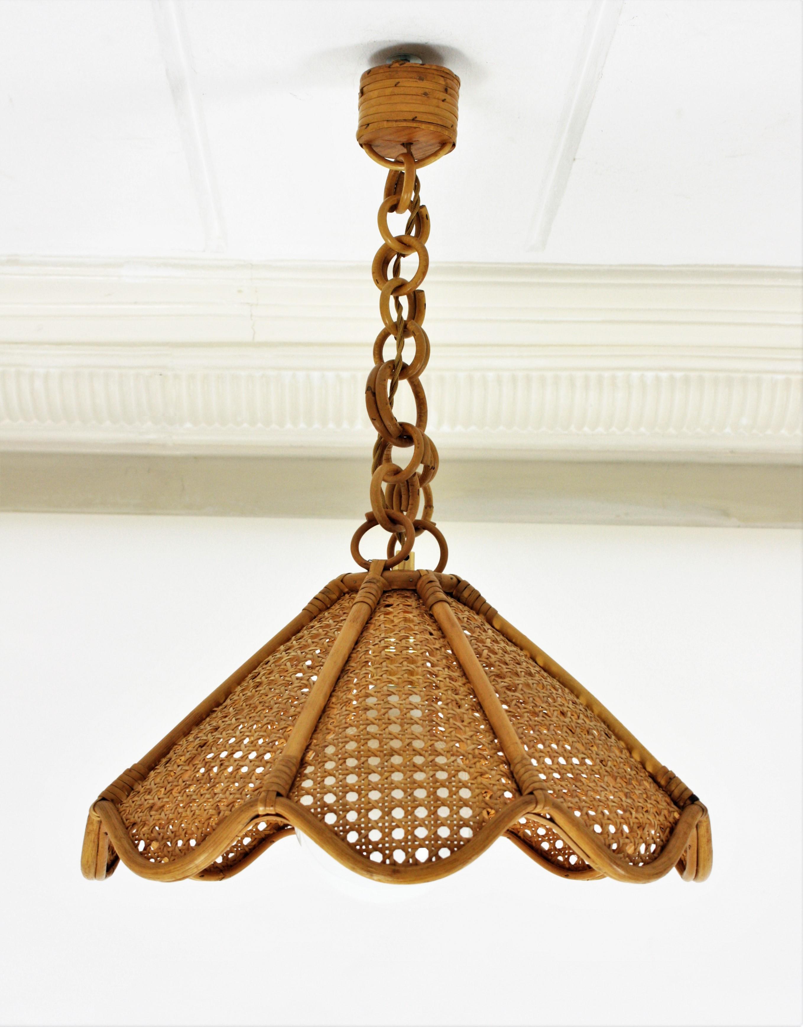 Spanish Modernist Woven Rattan and Bamboo Palm Pendant Lamp or Chandelier, 1960s 8