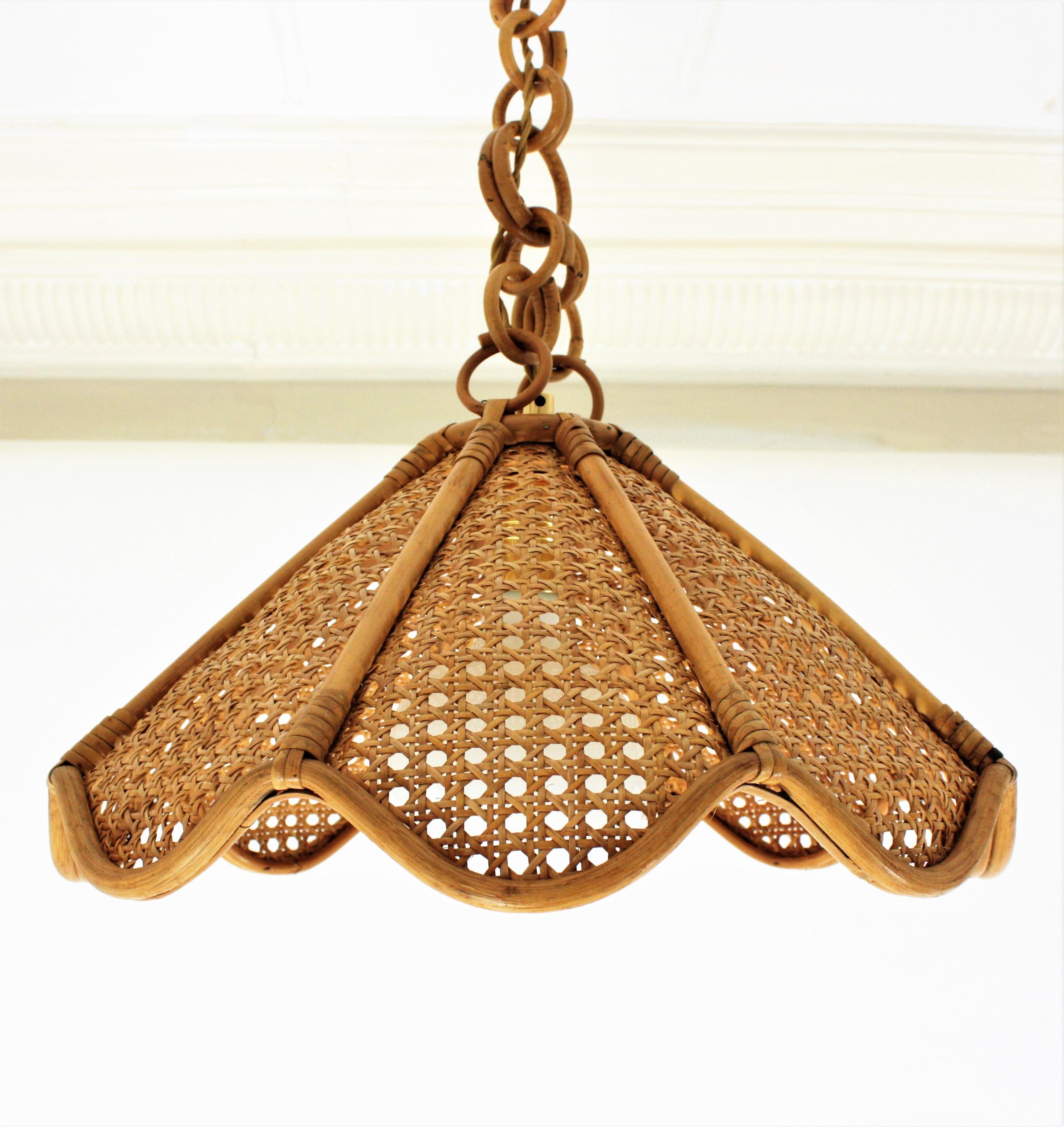 Spanish Modernist Woven Rattan and Bamboo Palm Pendant Lamp or Chandelier, 1960s 9