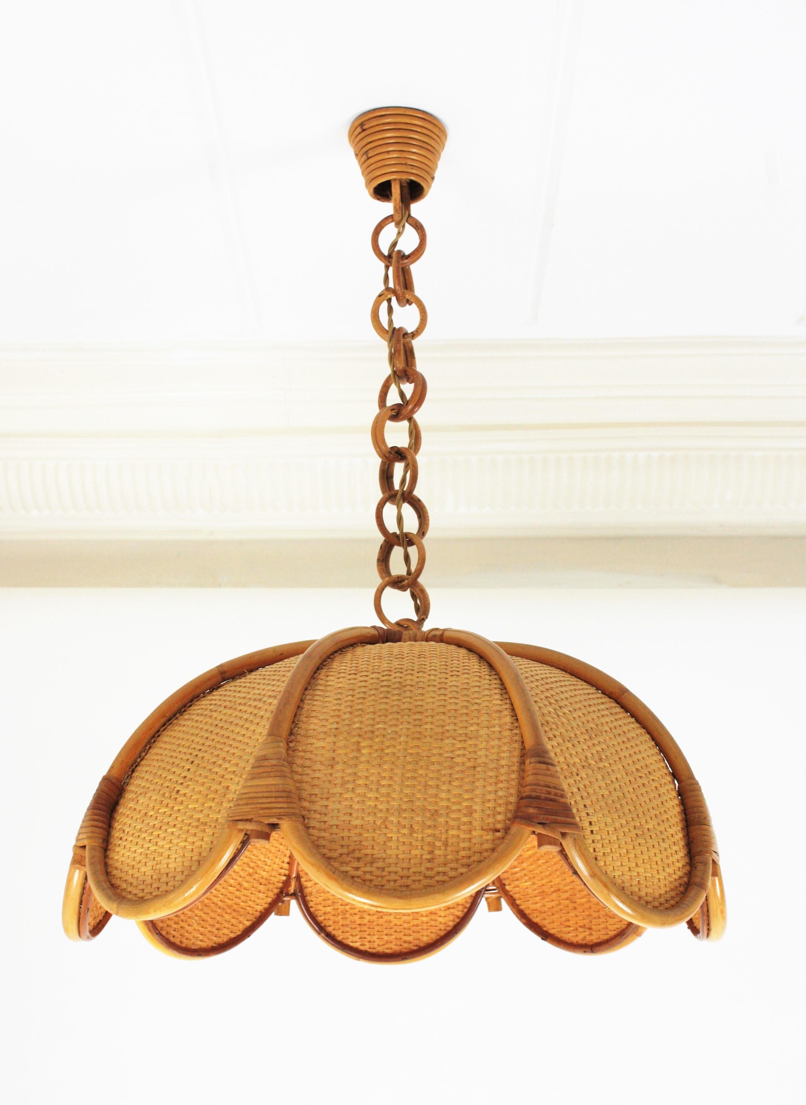 Spanish Modernist Woven Rattan and Bamboo Palm Pendant Lamp / Chandelier, 1960s 9