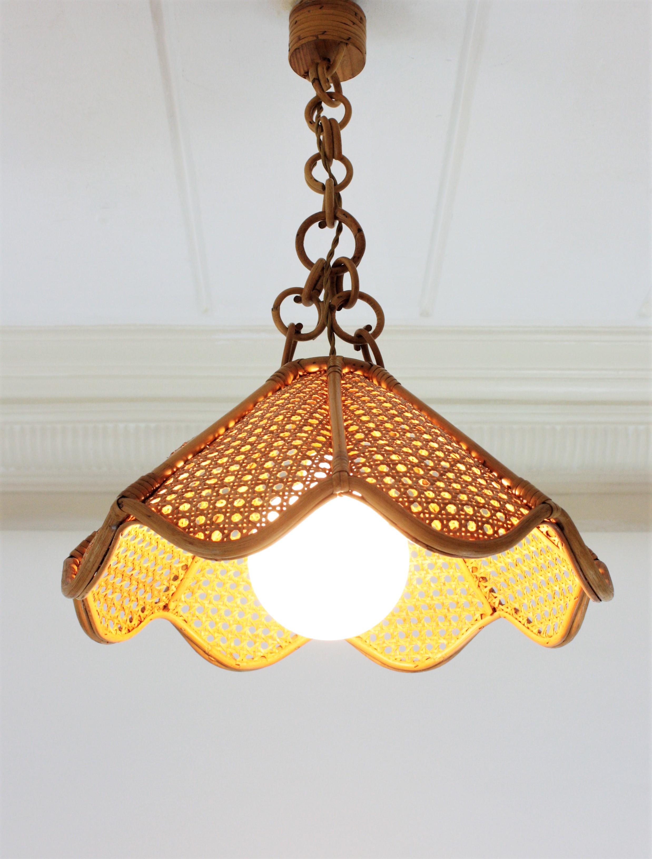 Spanish Modernist Woven Rattan and Bamboo Palm Pendant Lamp or Chandelier, 1960s 12