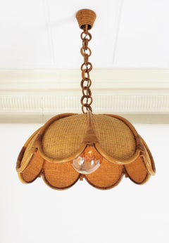 Spanish Modernist Woven Rattan and Bamboo Palm Pendant Lamp / Chandelier, 1960s