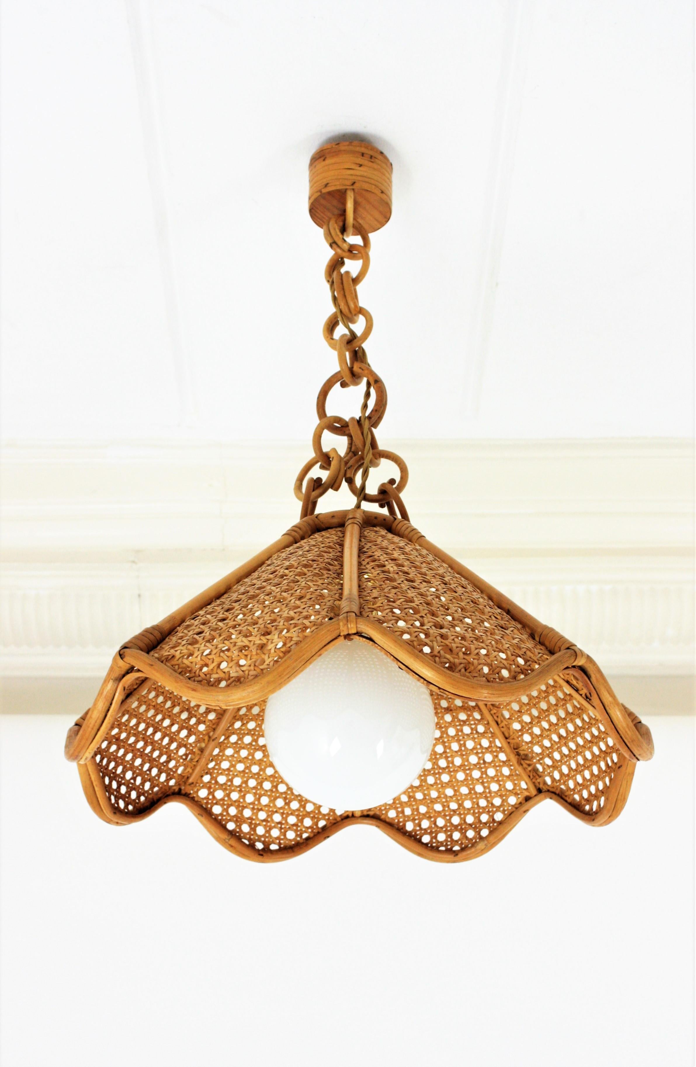 Spanish Modernist Woven Rattan and Bamboo Palm Pendant Lamp or Chandelier, 1960s 14