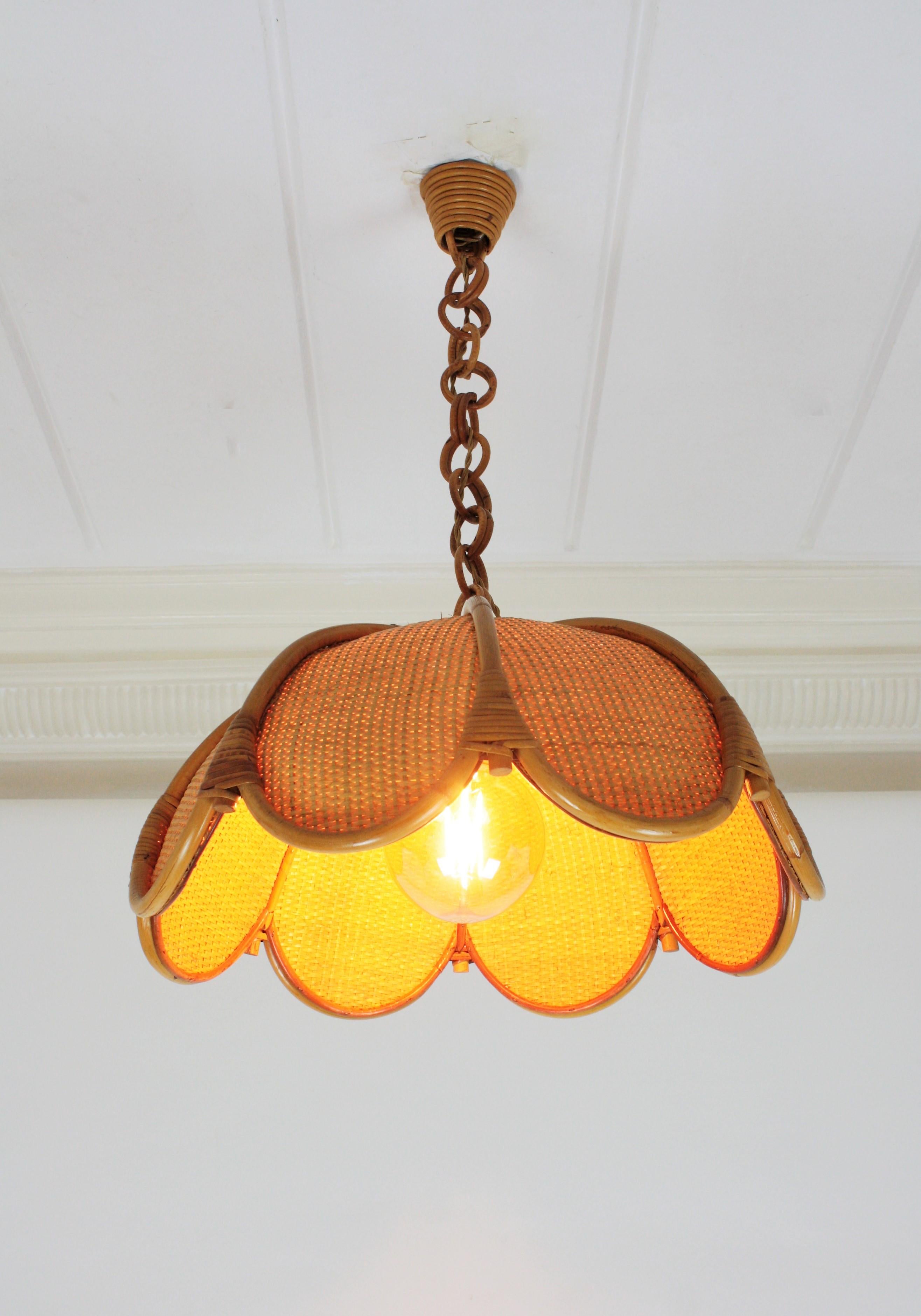 Mid-Century Modern Spanish Modernist Woven Rattan and Bamboo Palm Pendant Lamp / Chandelier, 1960s