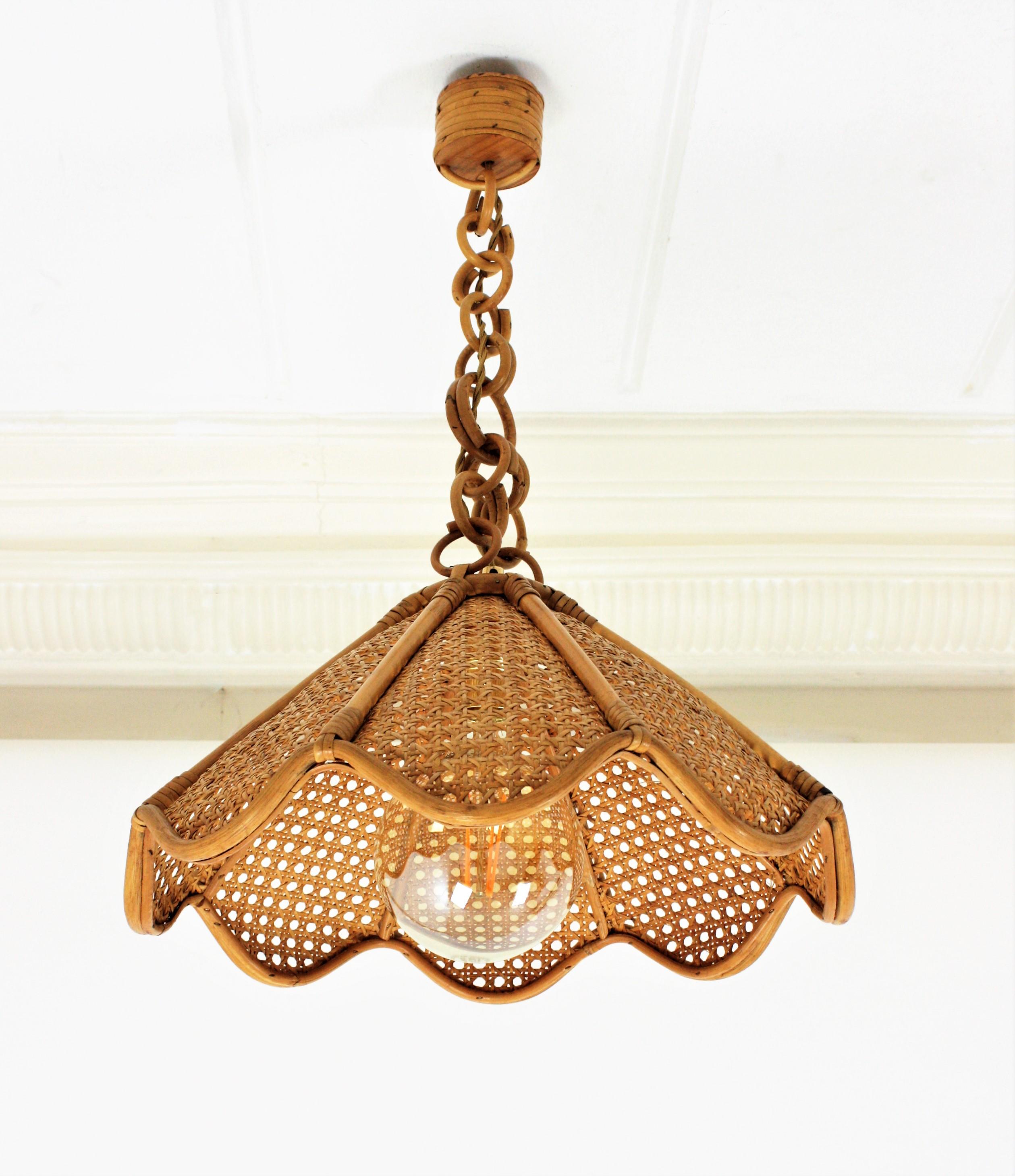 Wicker Spanish Modernist Woven Rattan and Bamboo Palm Pendant Lamp or Chandelier, 1960s