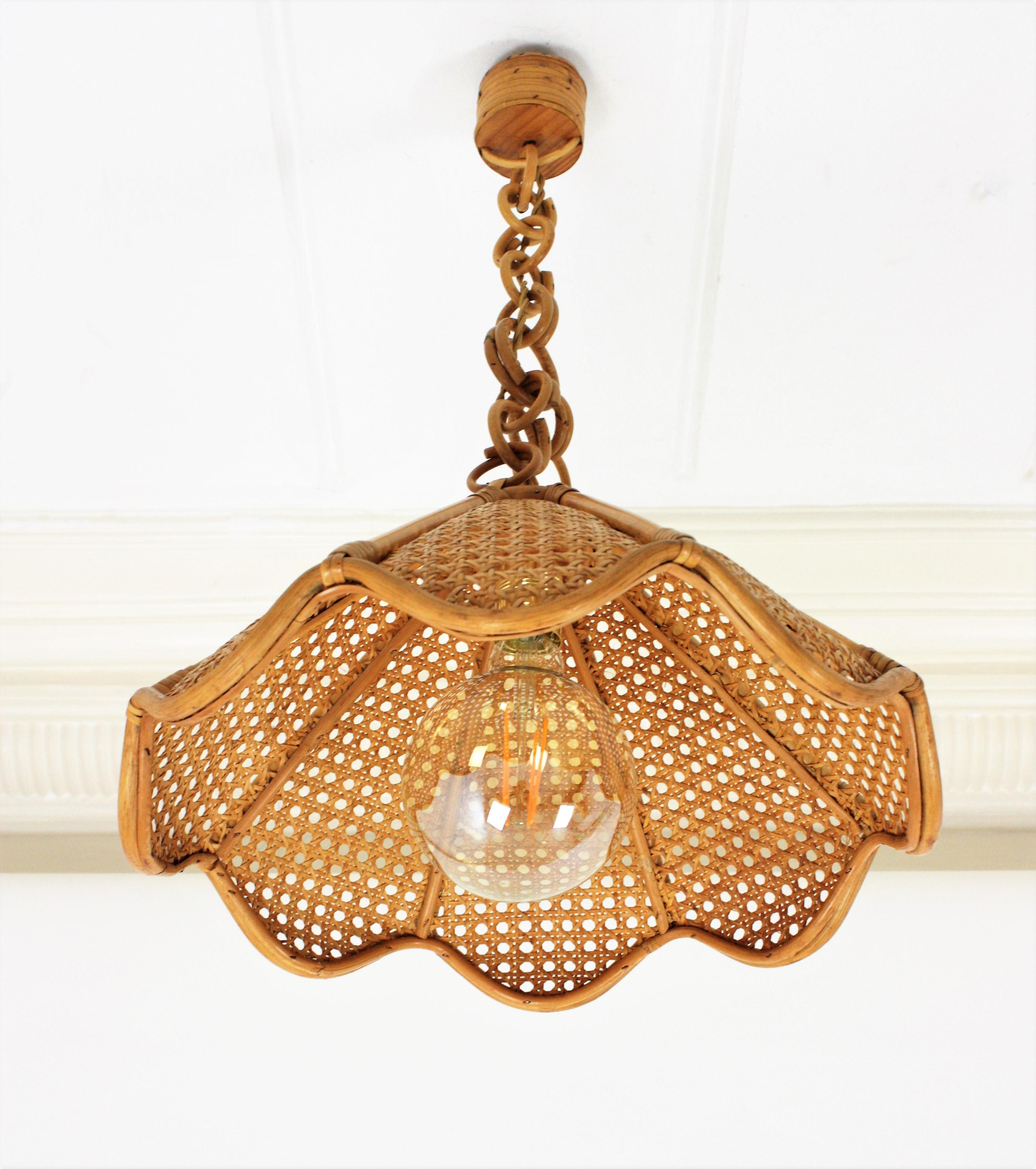 Spanish Modernist Woven Rattan and Bamboo Palm Pendant Lamp or Chandelier, 1960s 1