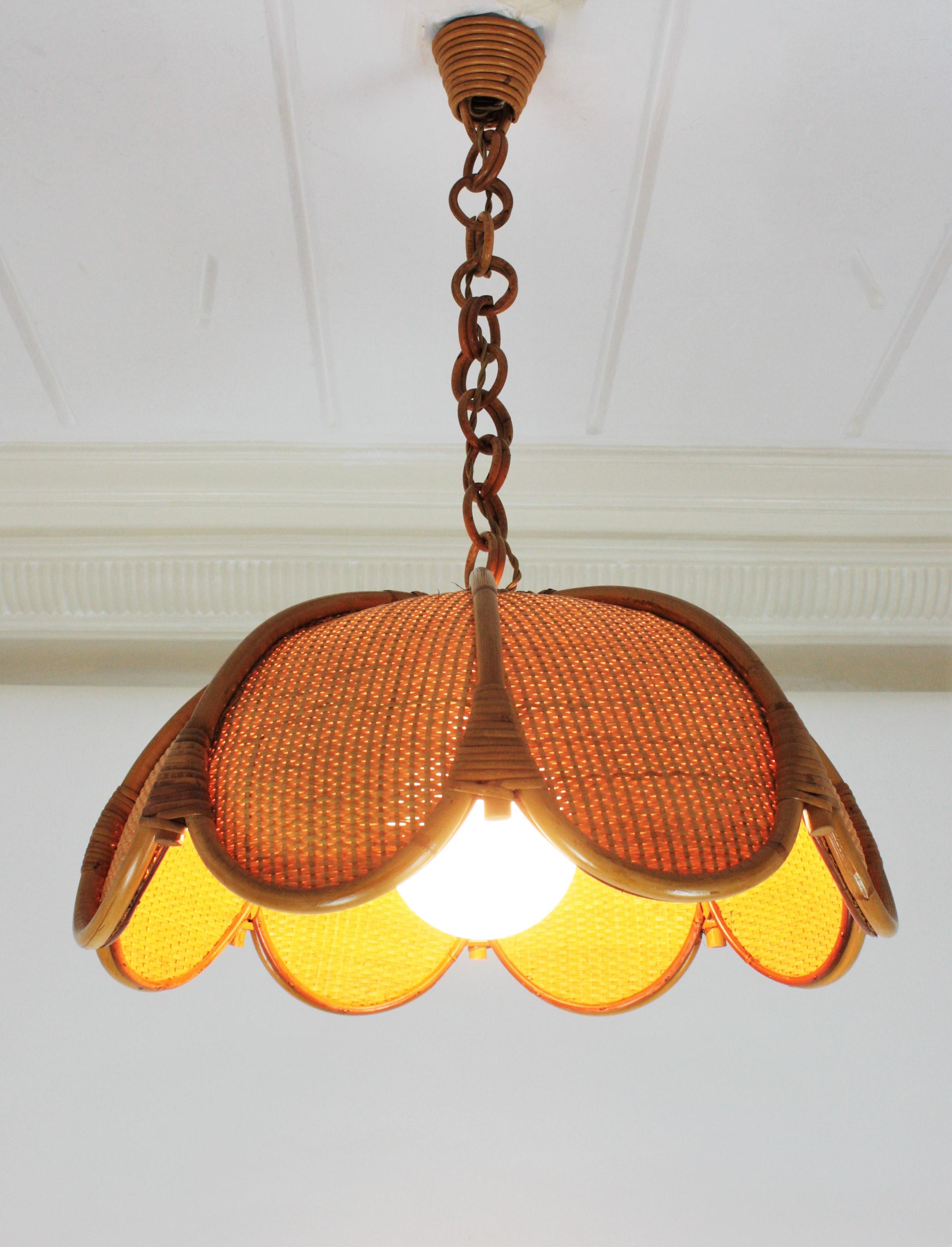 20th Century Spanish Modernist Woven Rattan and Bamboo Palm Pendant Lamp / Chandelier, 1960s