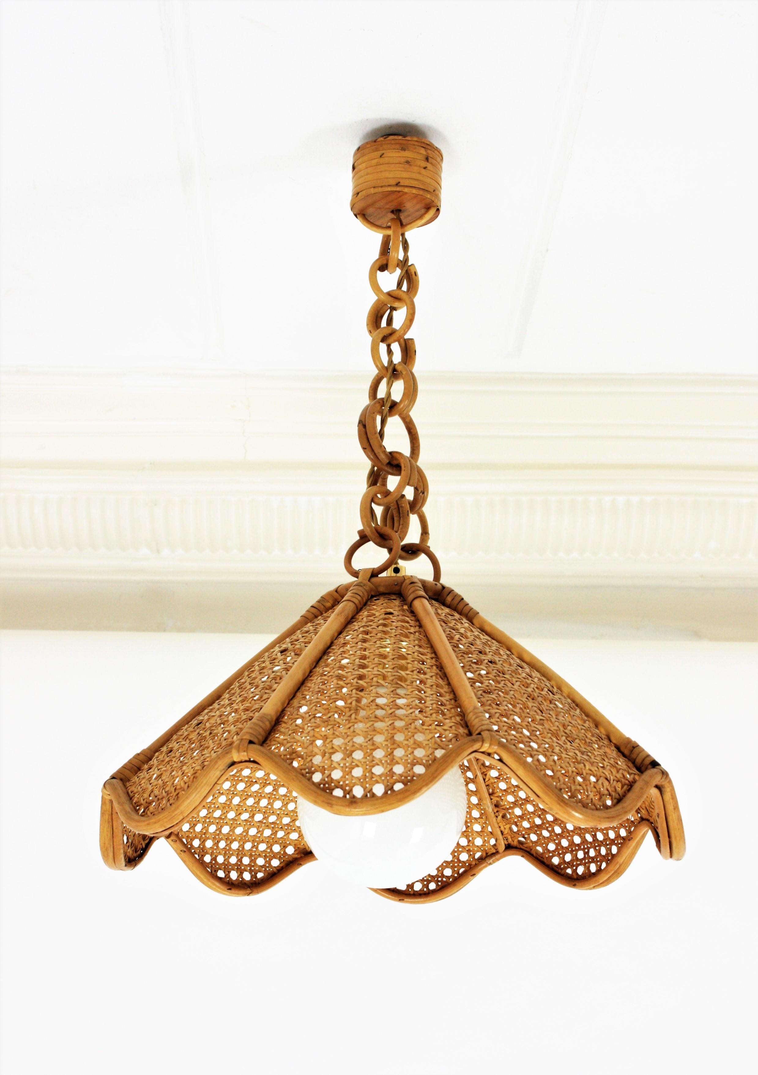 Spanish Modernist Woven Rattan and Bamboo Palm Pendant Lamp or Chandelier, 1960s 2