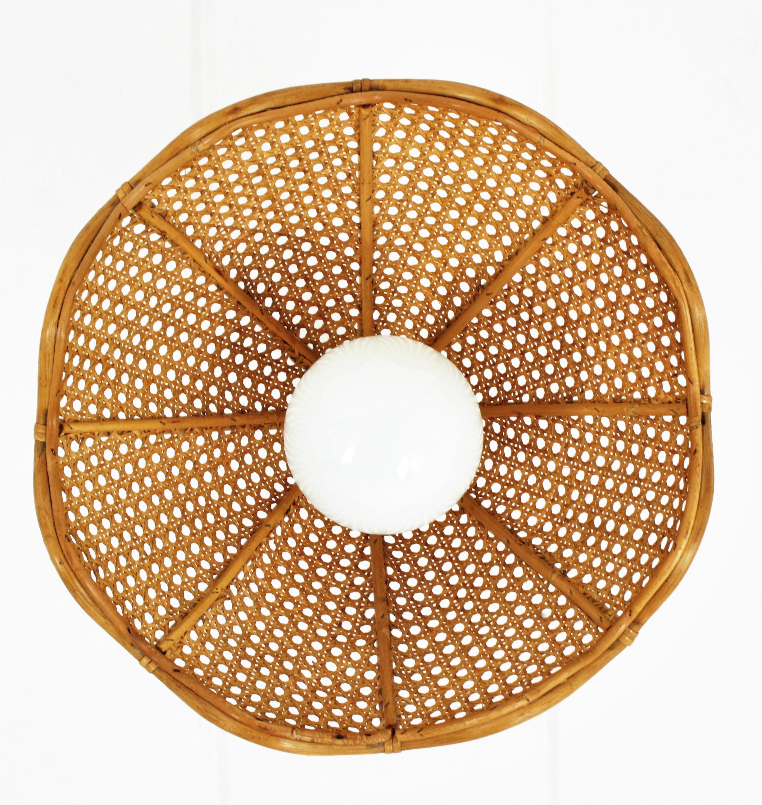 Spanish Modernist Woven Rattan and Bamboo Palm Pendant Lamp or Chandelier, 1960s 3