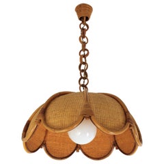 Vintage Spanish Modernist Woven Rattan and Bamboo Palm Pendant Lamp / Chandelier, 1960s