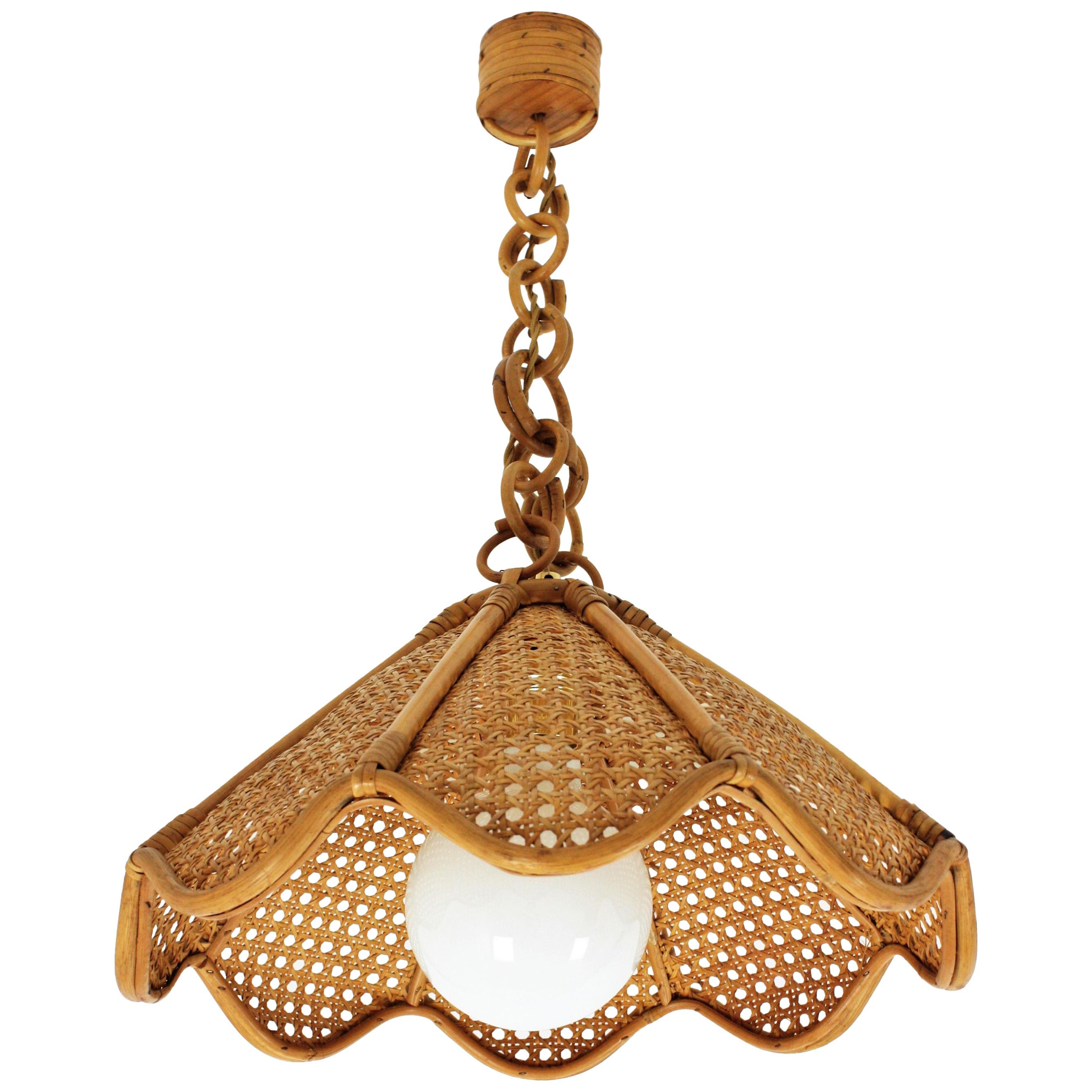 Spanish Modernist Woven Rattan and Bamboo Palm Pendant Lamp or Chandelier, 1960s