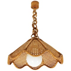 Spanish Modernist Woven Rattan and Bamboo Palm Pendant Lamp or Chandelier, 1960s