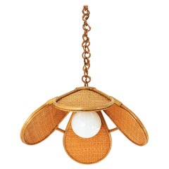 Spanish Modernist Woven Rattan and Bamboo Palm Pendant Lamp / Chandelier, 1960s