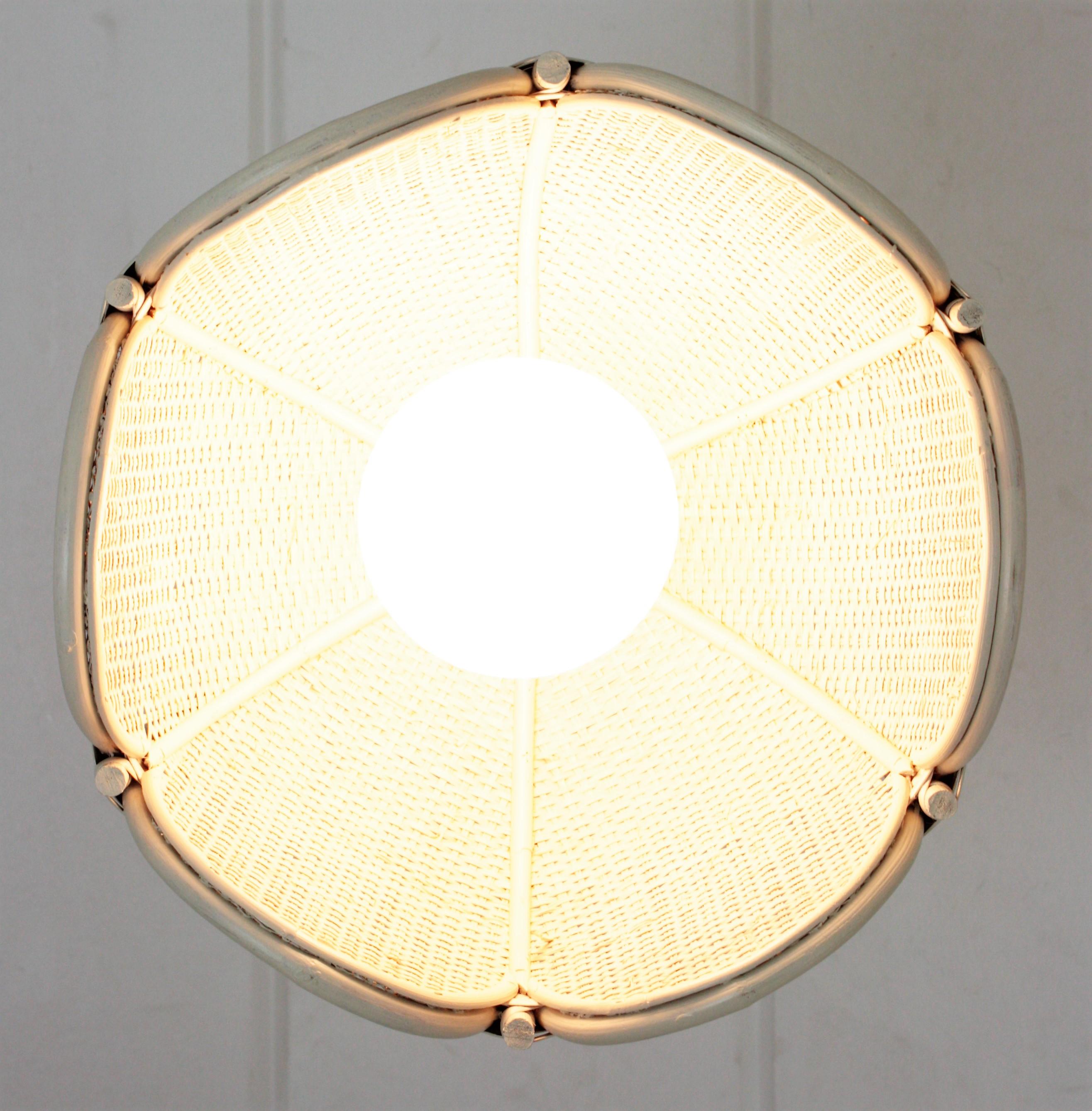 Spanish Woven Rattan Bamboo Palm Pendant Lamp Painted in White 12