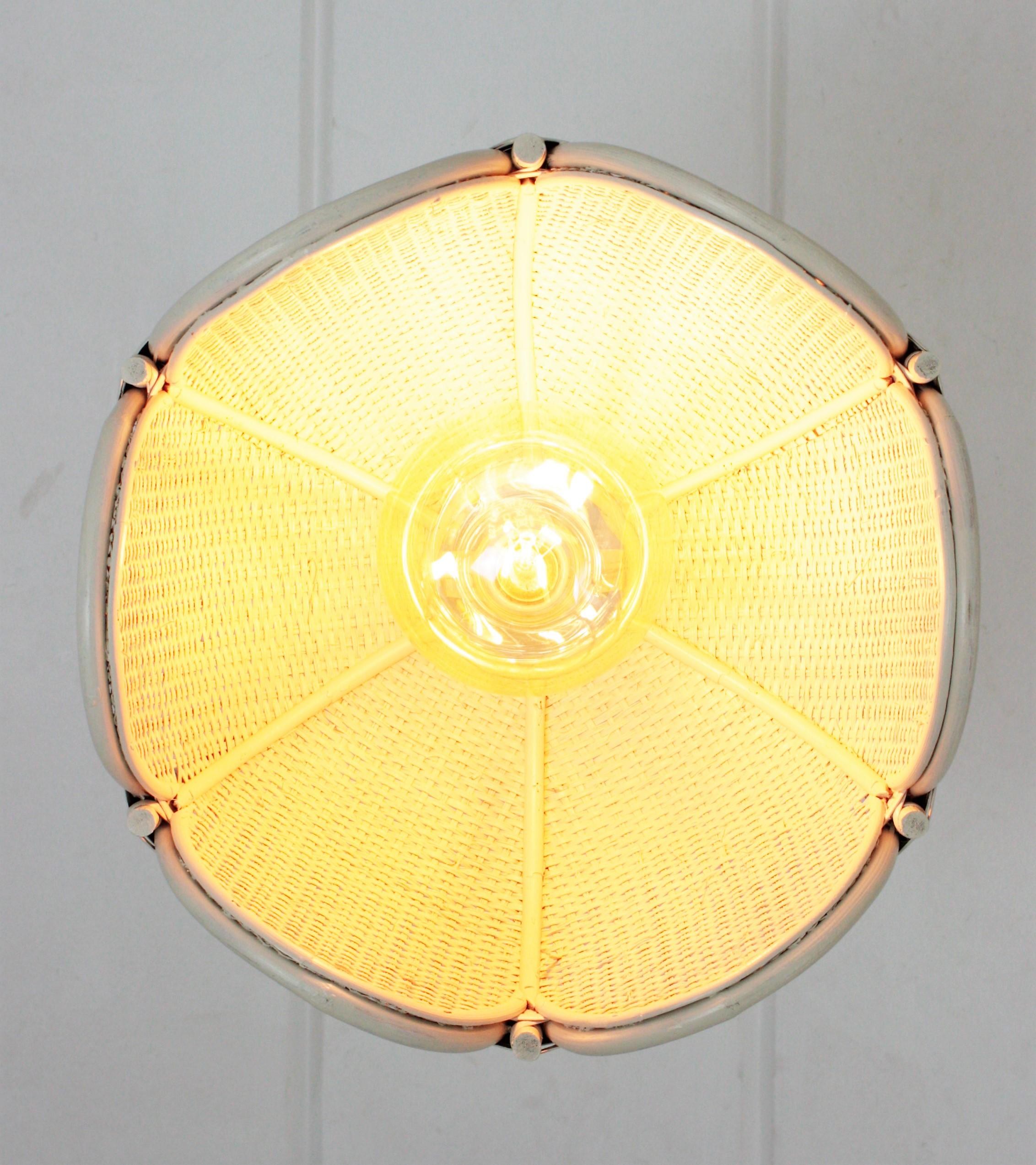 Spanish Woven Rattan Bamboo Palm Pendant Lamp Painted in White 13