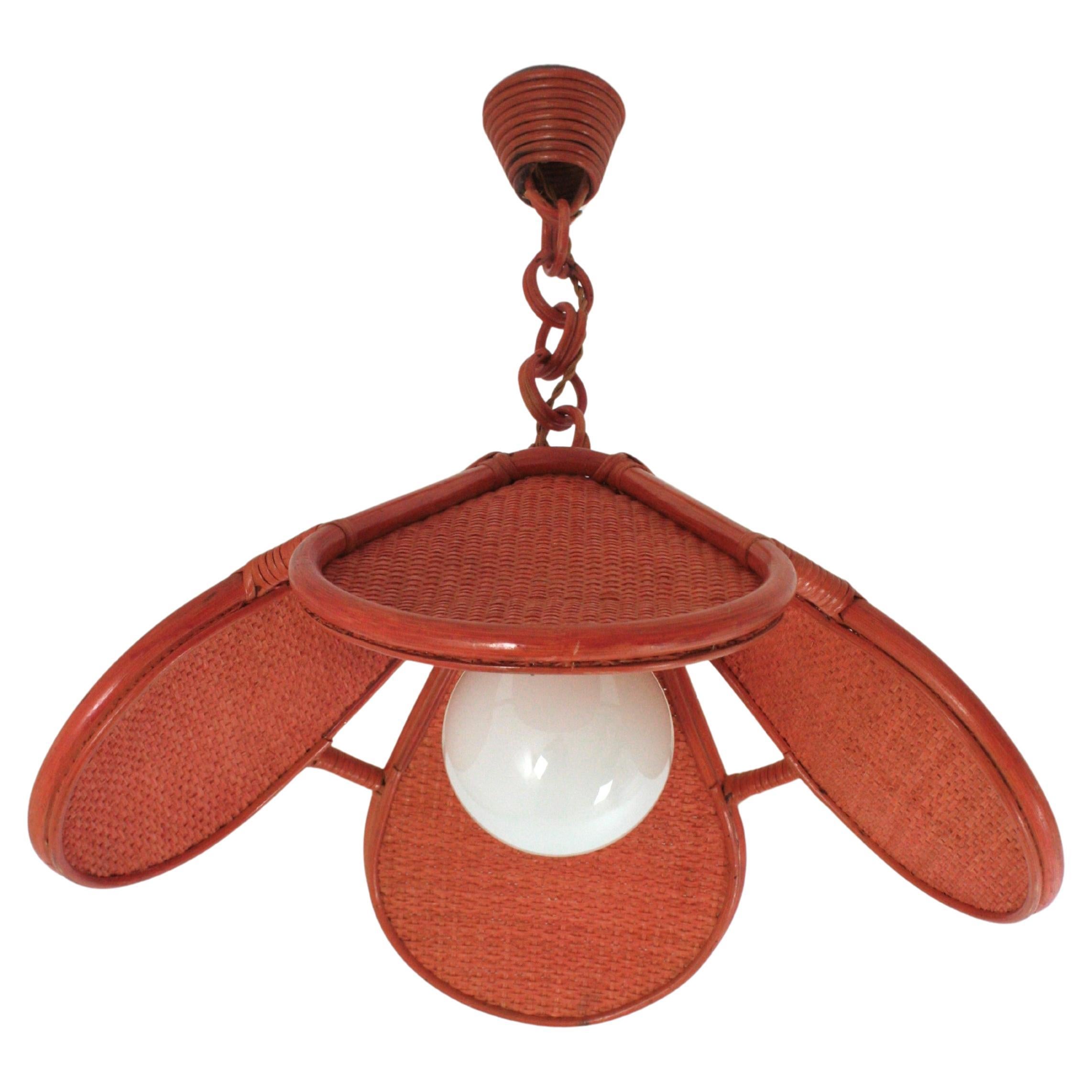 Lampe suspendue moderniste espagnole en rotin tressé et bambou, années 1960