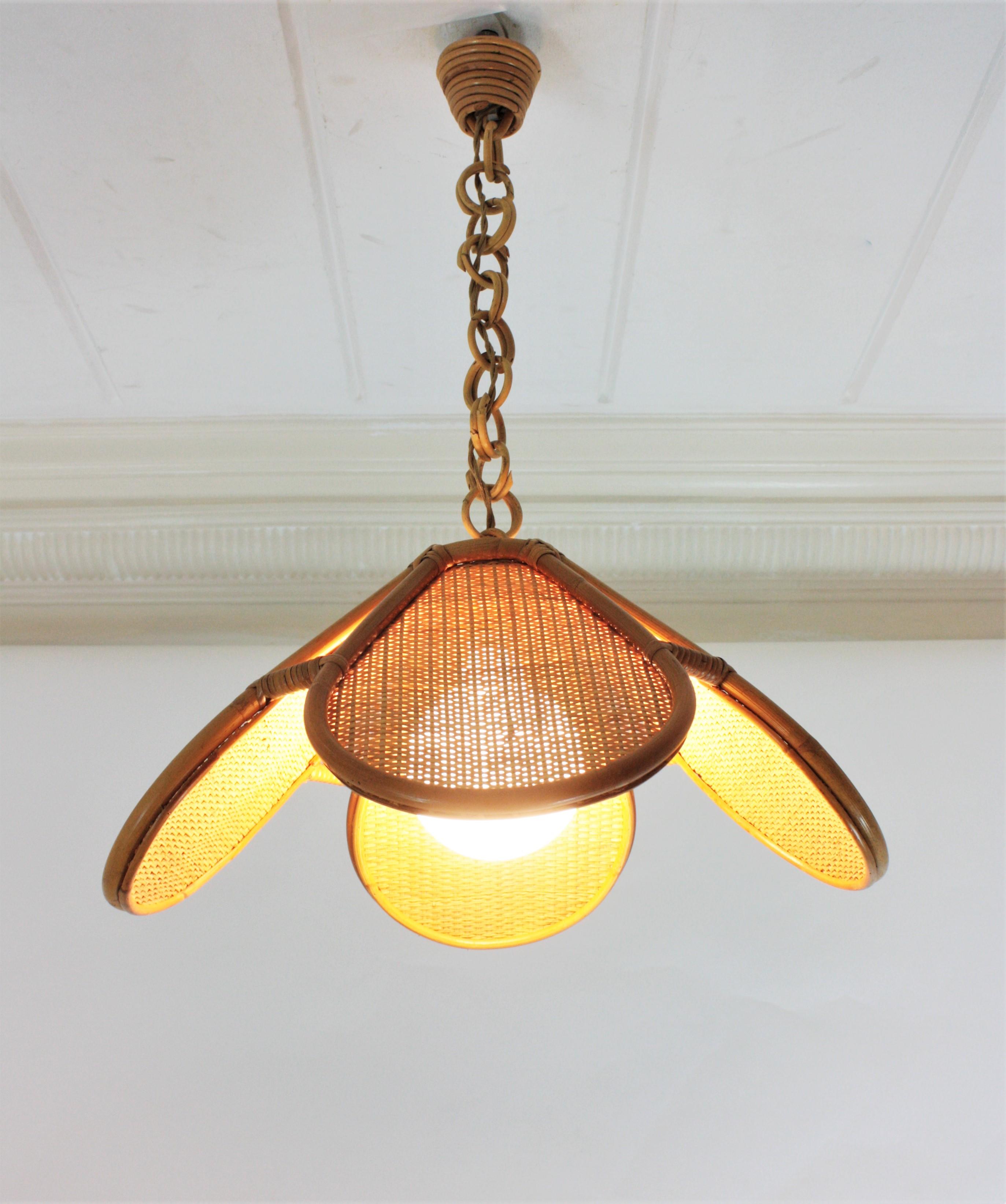 Spanish Modernist Woven Rattan Bamboo Palm Pendant Lamp Lantern For Sale 4