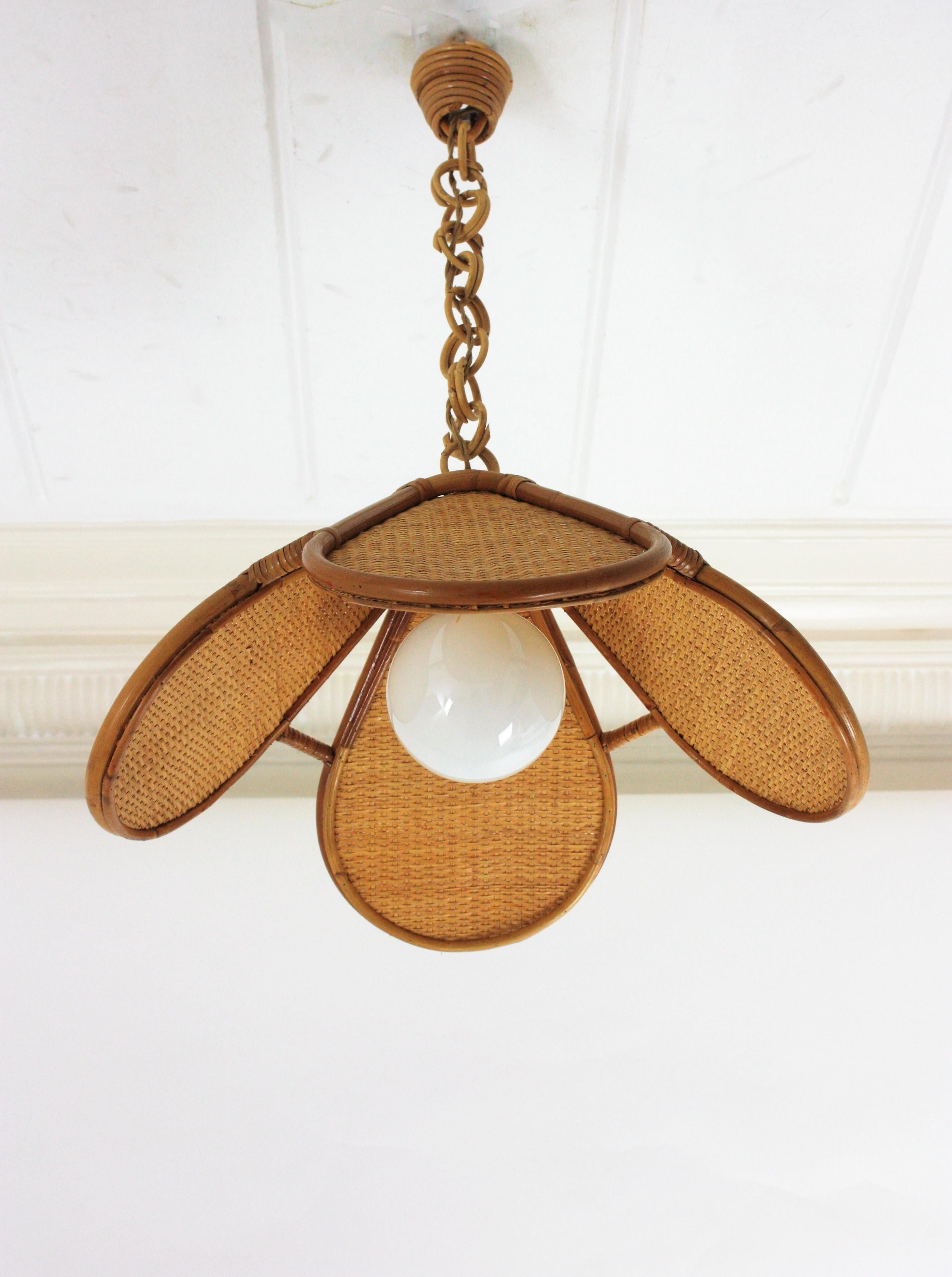 Spanish Modernist Woven Rattan Bamboo Palm Pendant Lamp Lantern For Sale 7