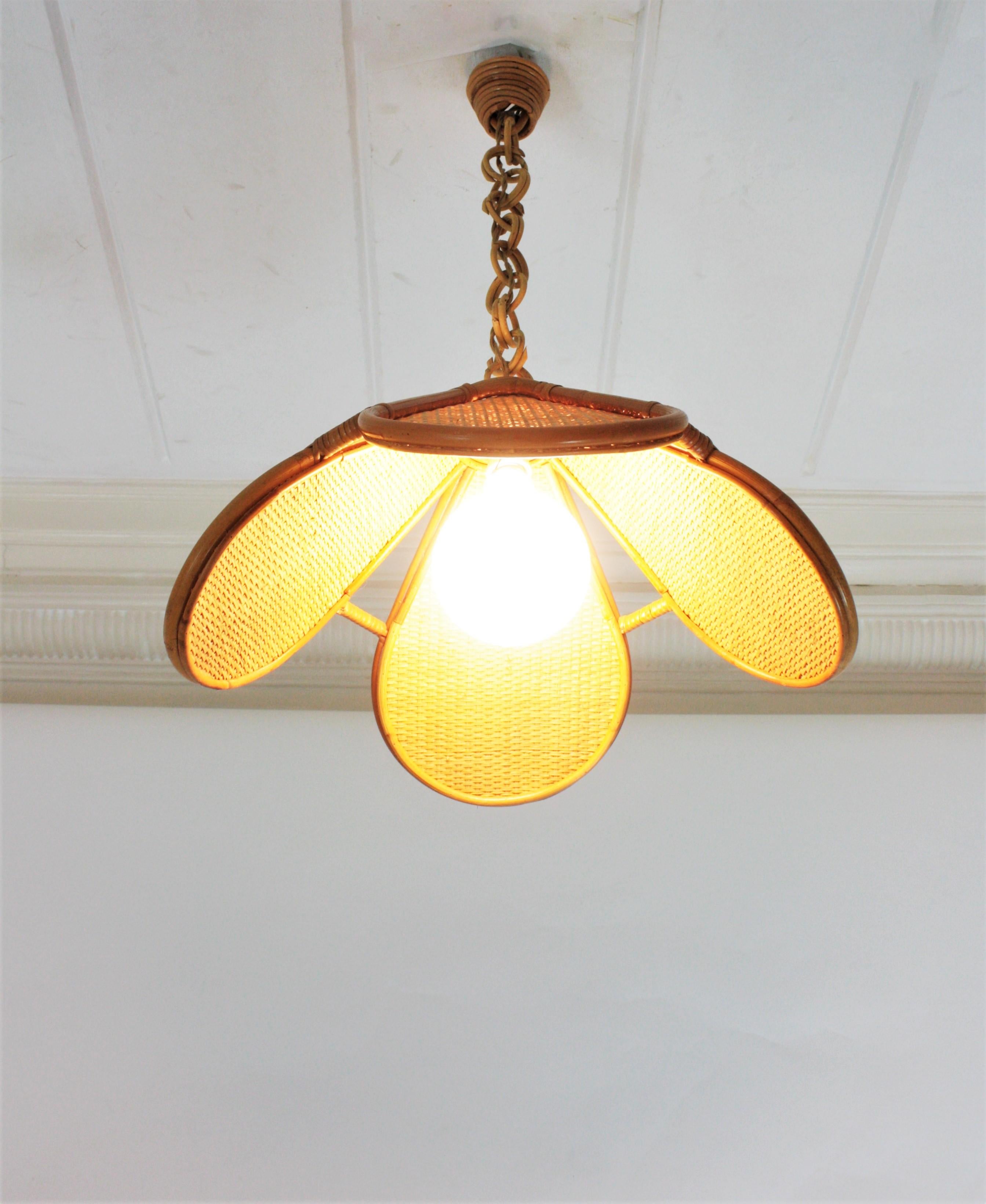 Spanish Modernist Woven Rattan Bamboo Palm Pendant Lamp Lantern For Sale 8