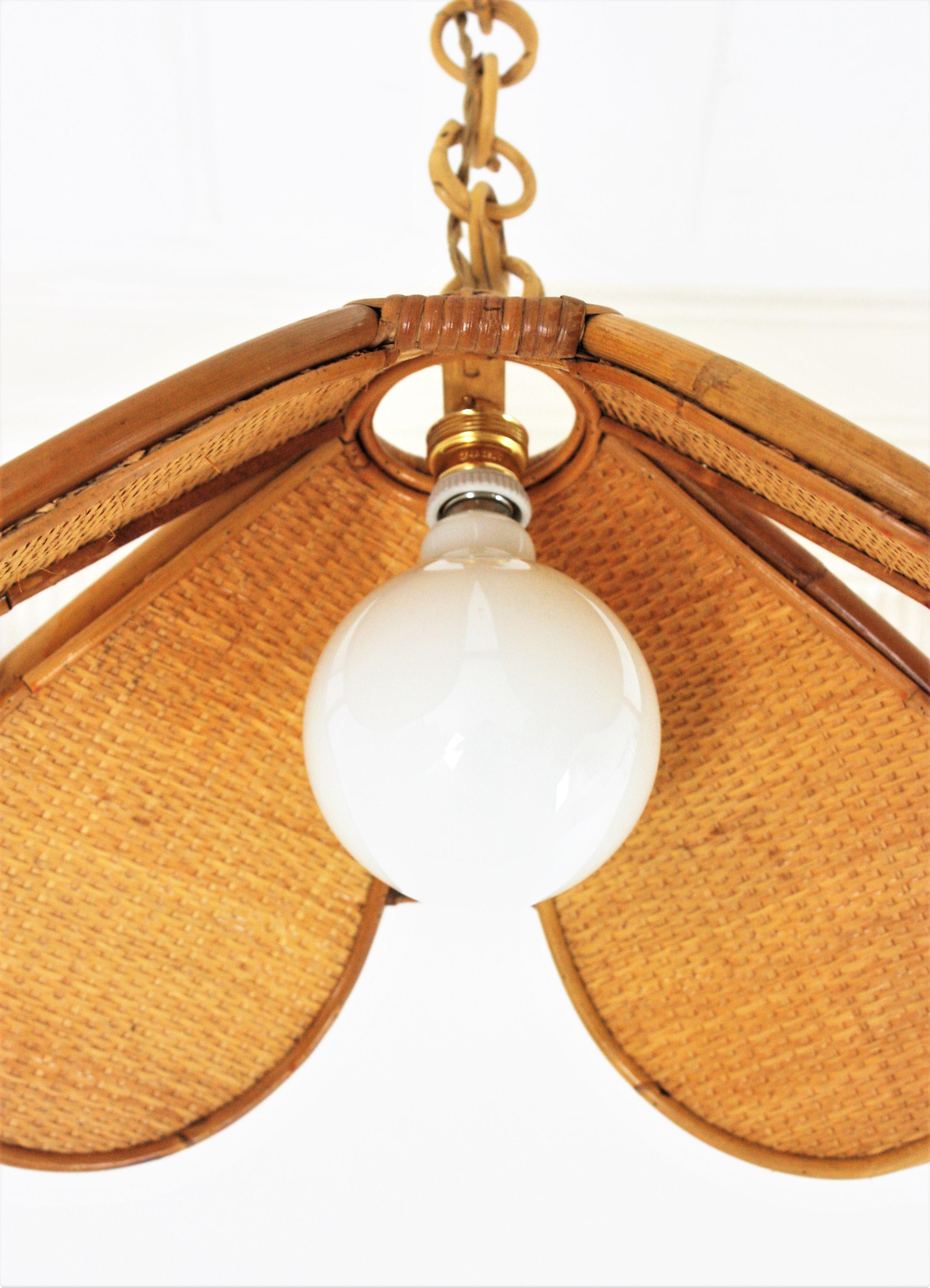 Spanish Modernist Woven Rattan Bamboo Palm Pendant Lamp Lantern For Sale 9