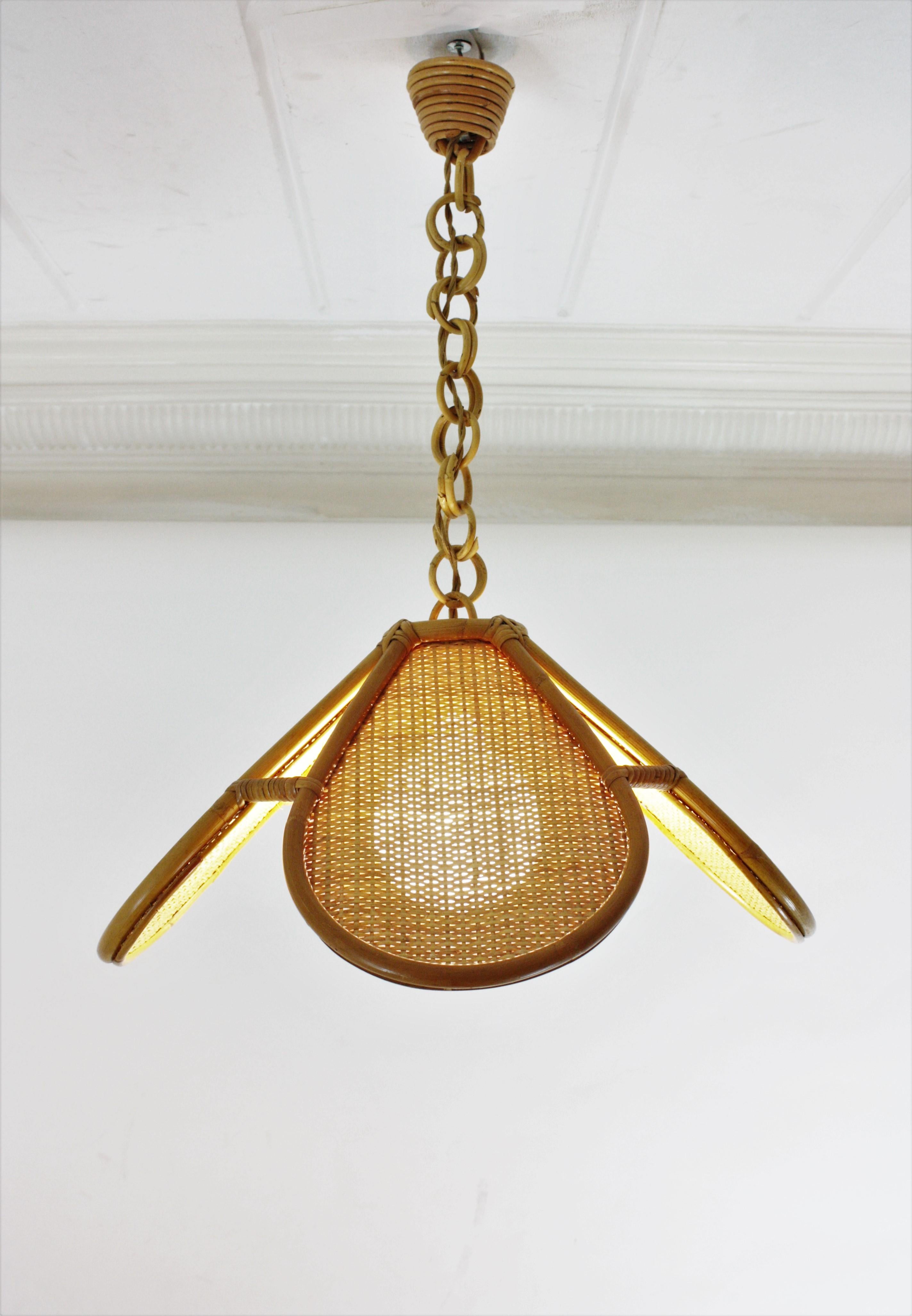 Spanish Modernist Woven Rattan Bamboo Palm Pendant Lamp Lantern For Sale 11