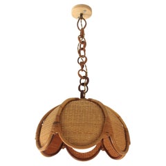 Spanish Modernist Woven Rattan Bamboo Palm Pendant Lamp / Chandelier, 1960s