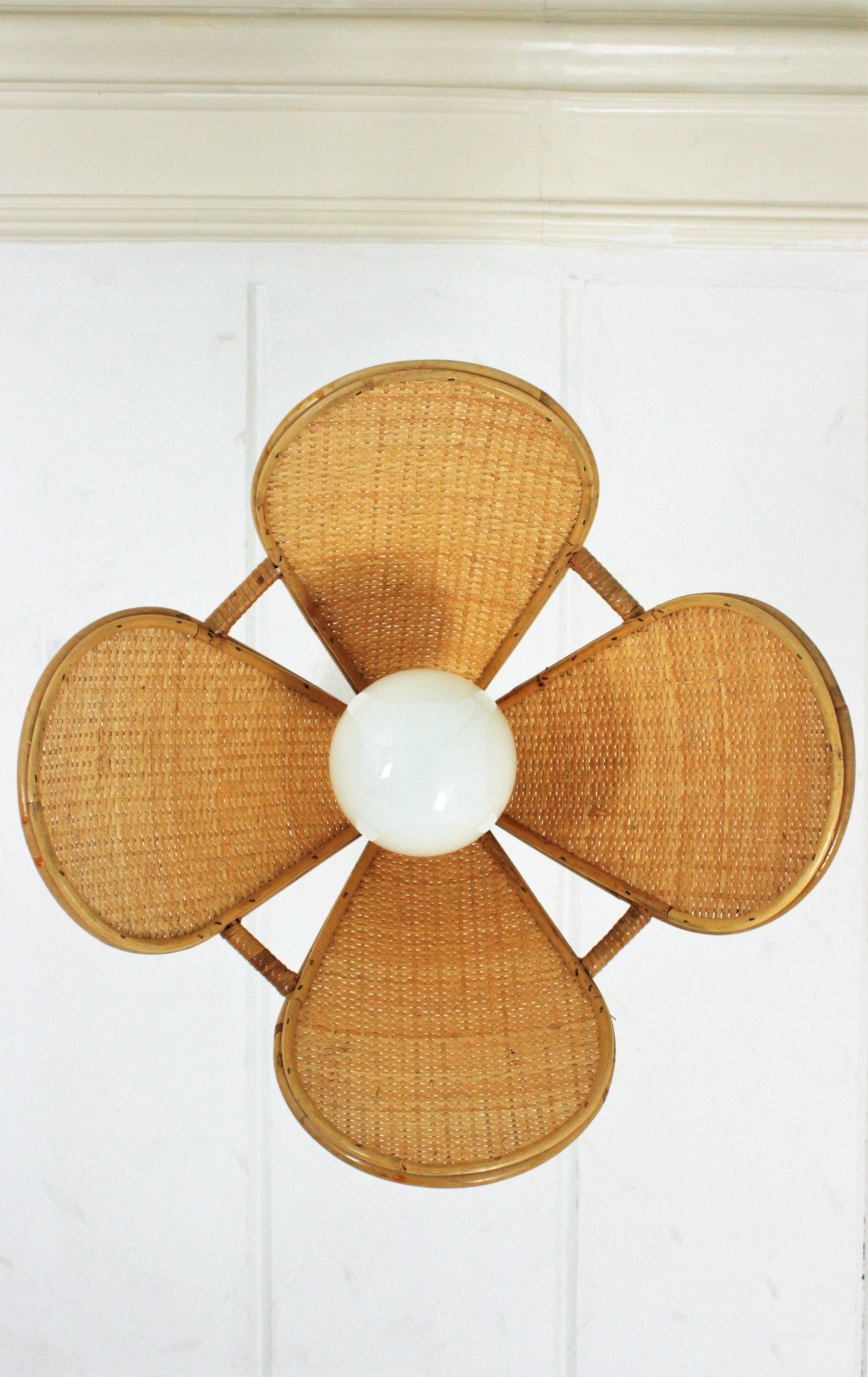 Wicker Spanish Modernist Woven Rattan Bamboo Palm Pendant Lamp / Chandelier, 1960s