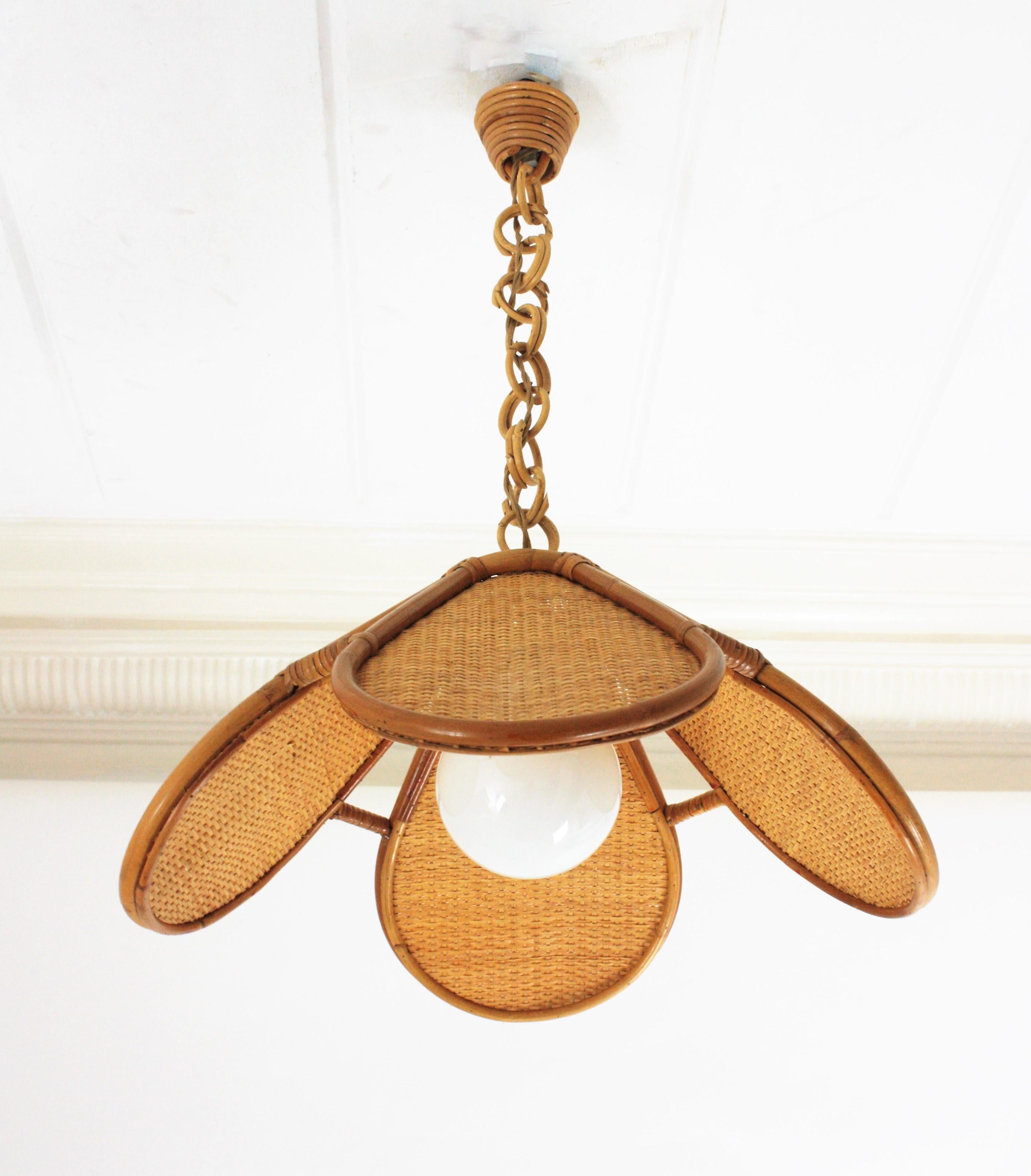 20th Century Spanish Modernist Woven Rattan Bamboo Palm Pendant Lamp Lantern