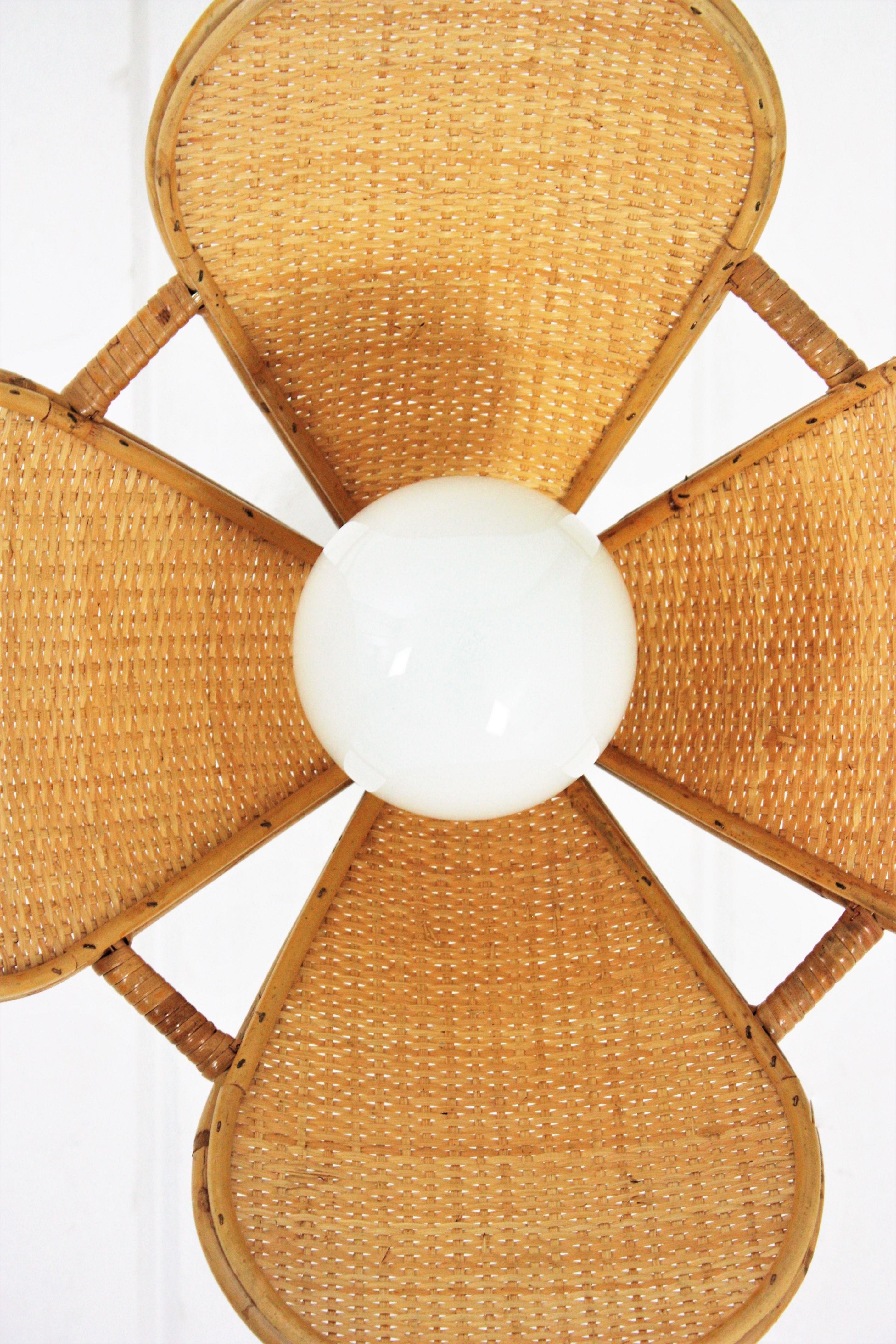 Spanish Modernist Woven Rattan Bamboo Palm Pendant Lamp / Chandelier, 1960s 1