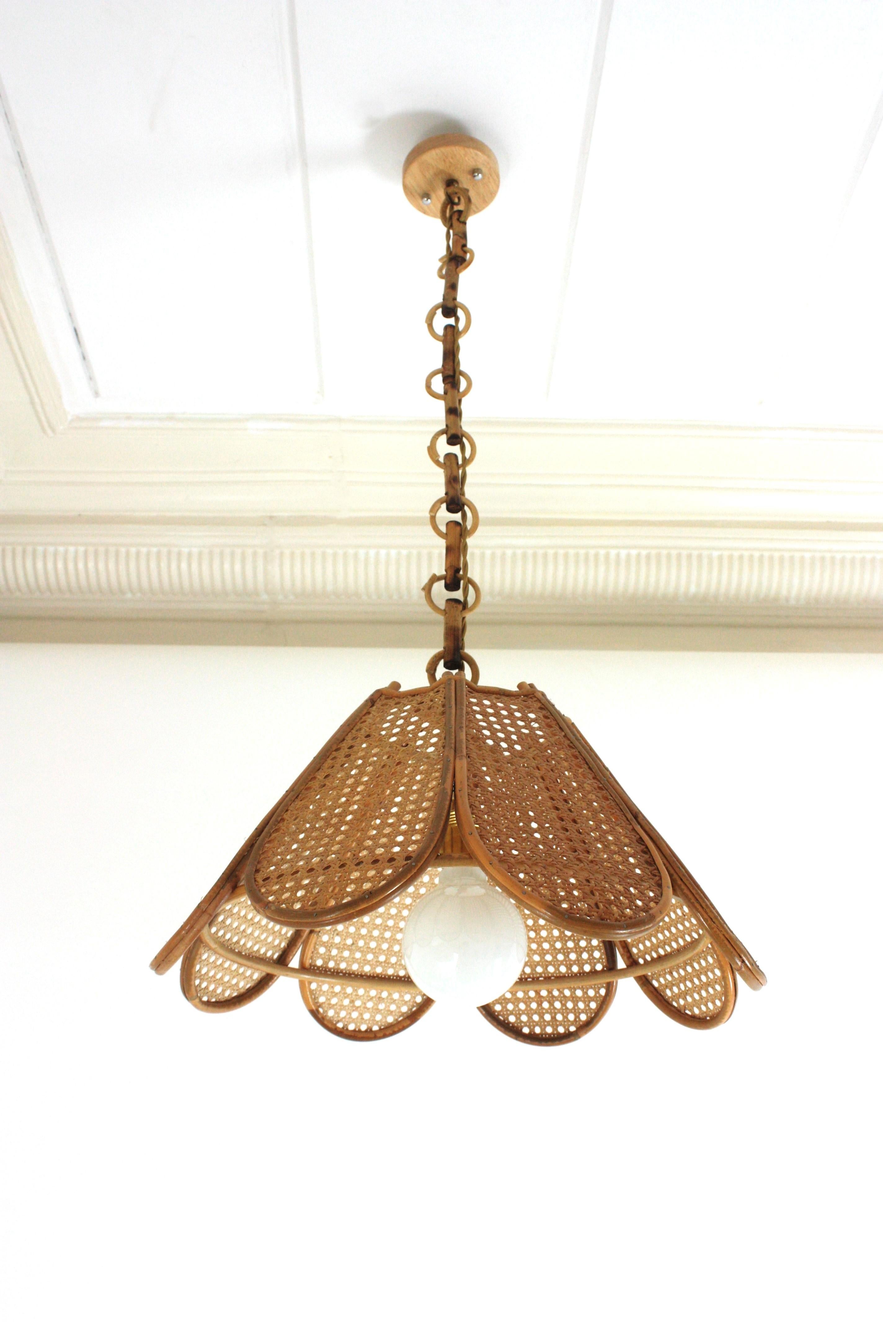 Spanish Modernist Woven Wicker Rattan Palm Pendant Light, 1960s 4