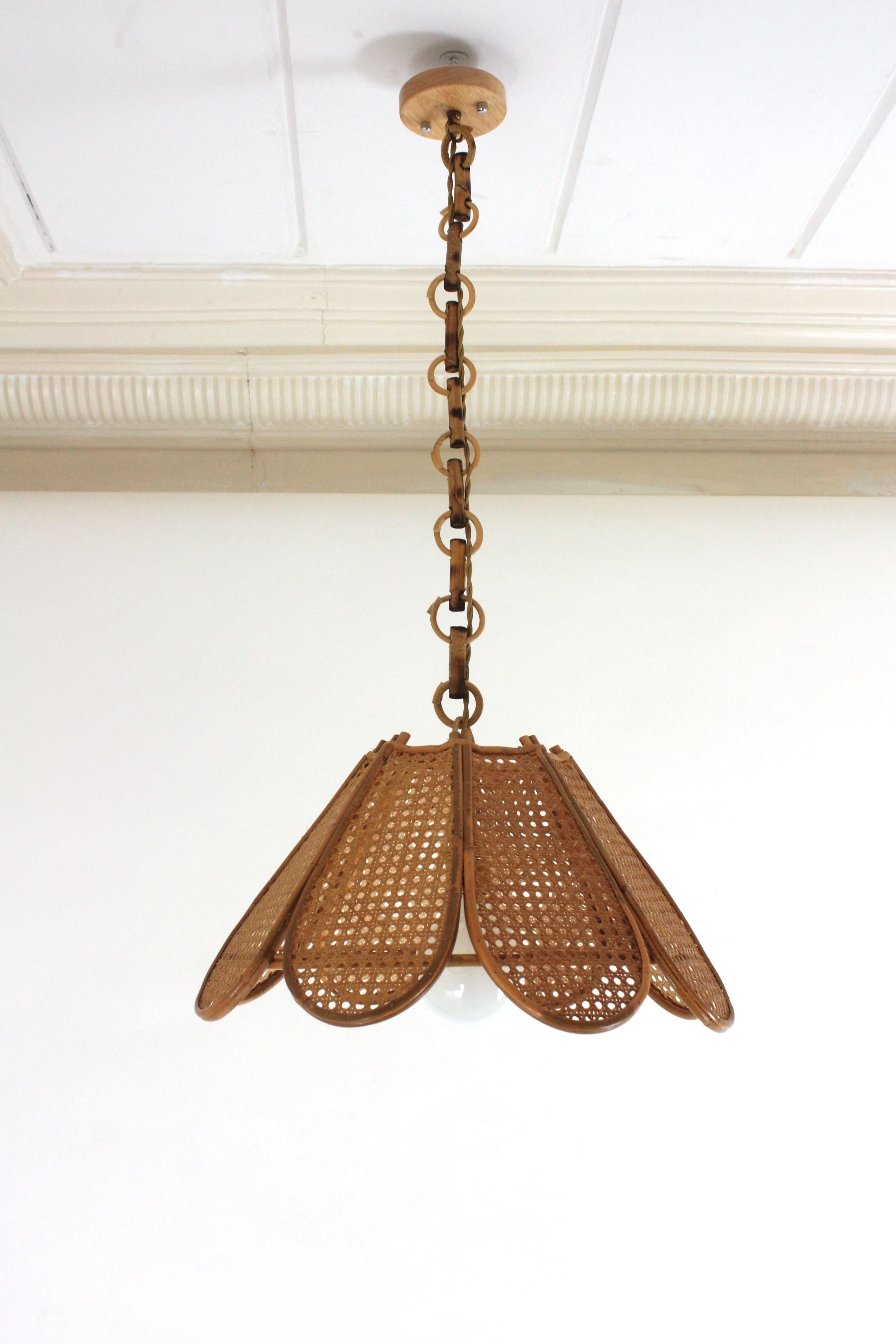 Spanish Modernist Woven Wicker Rattan Palm Pendant Light, 1960s 5