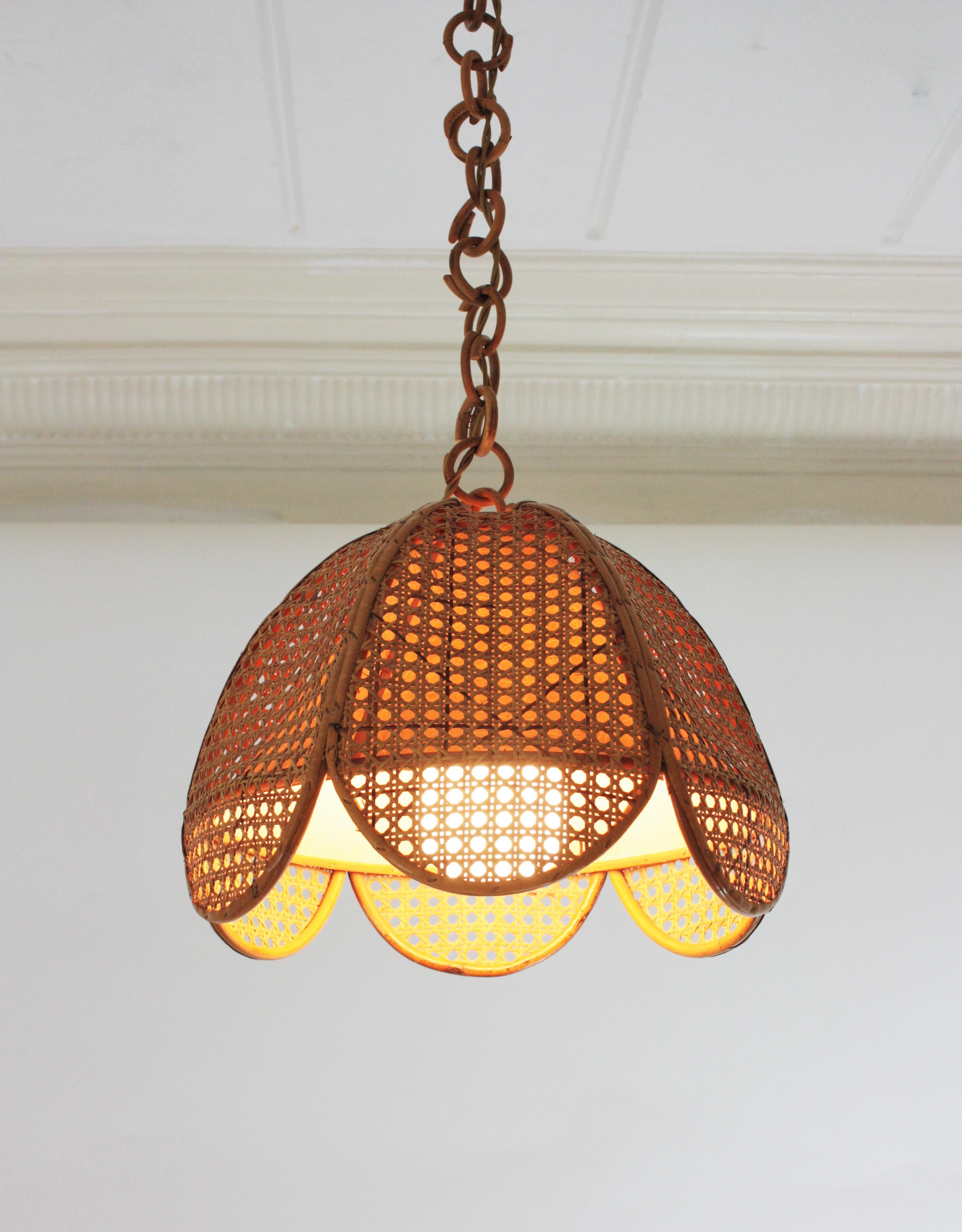 Spanish Modernist Woven Wicker Rattan Palm Pendant Light, 1960s For Sale 3