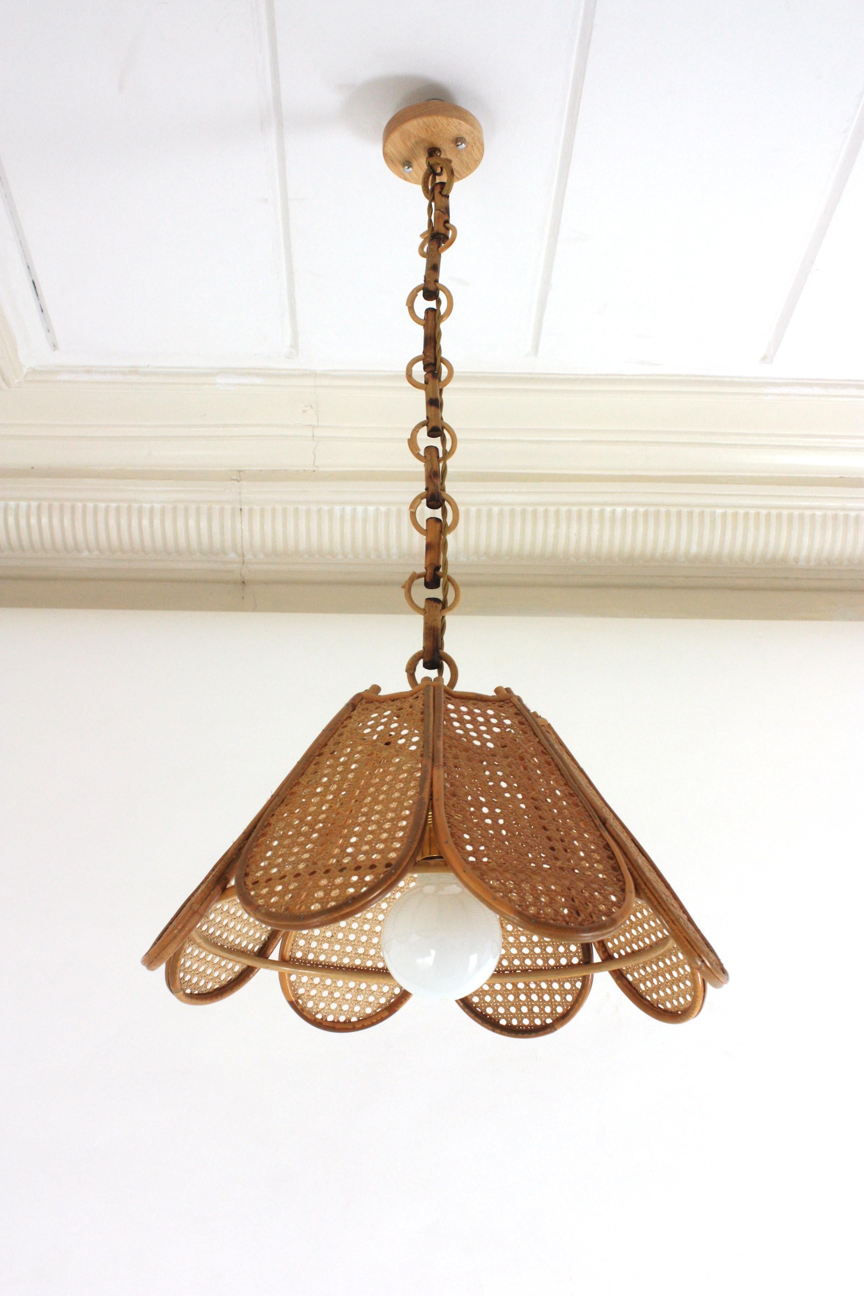 Spanish Modernist Woven Wicker Rattan Palm Pendant Light, 1960s 6