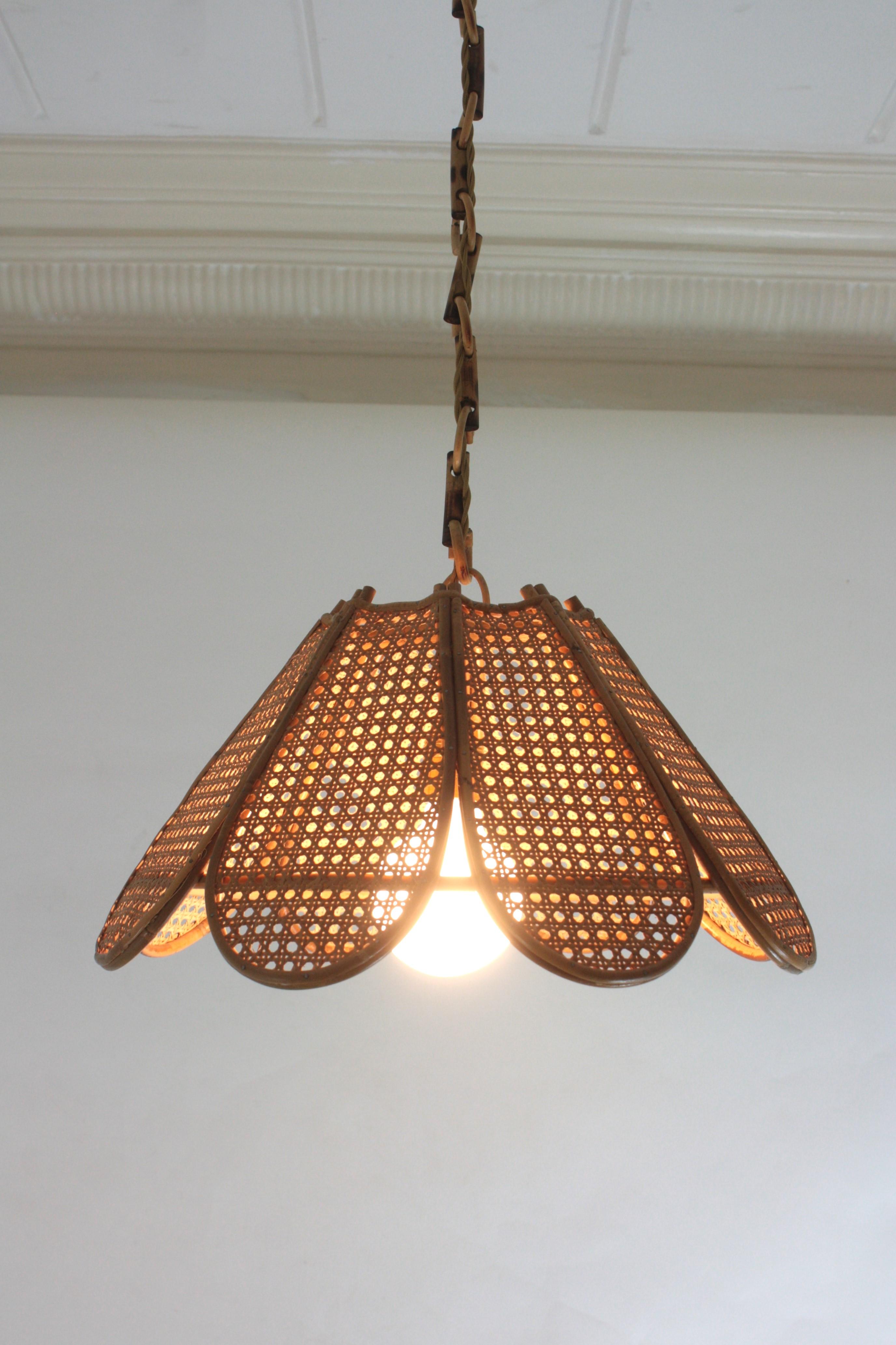 Spanish Modernist Woven Wicker Rattan Palm Pendant Light, 1960s 7