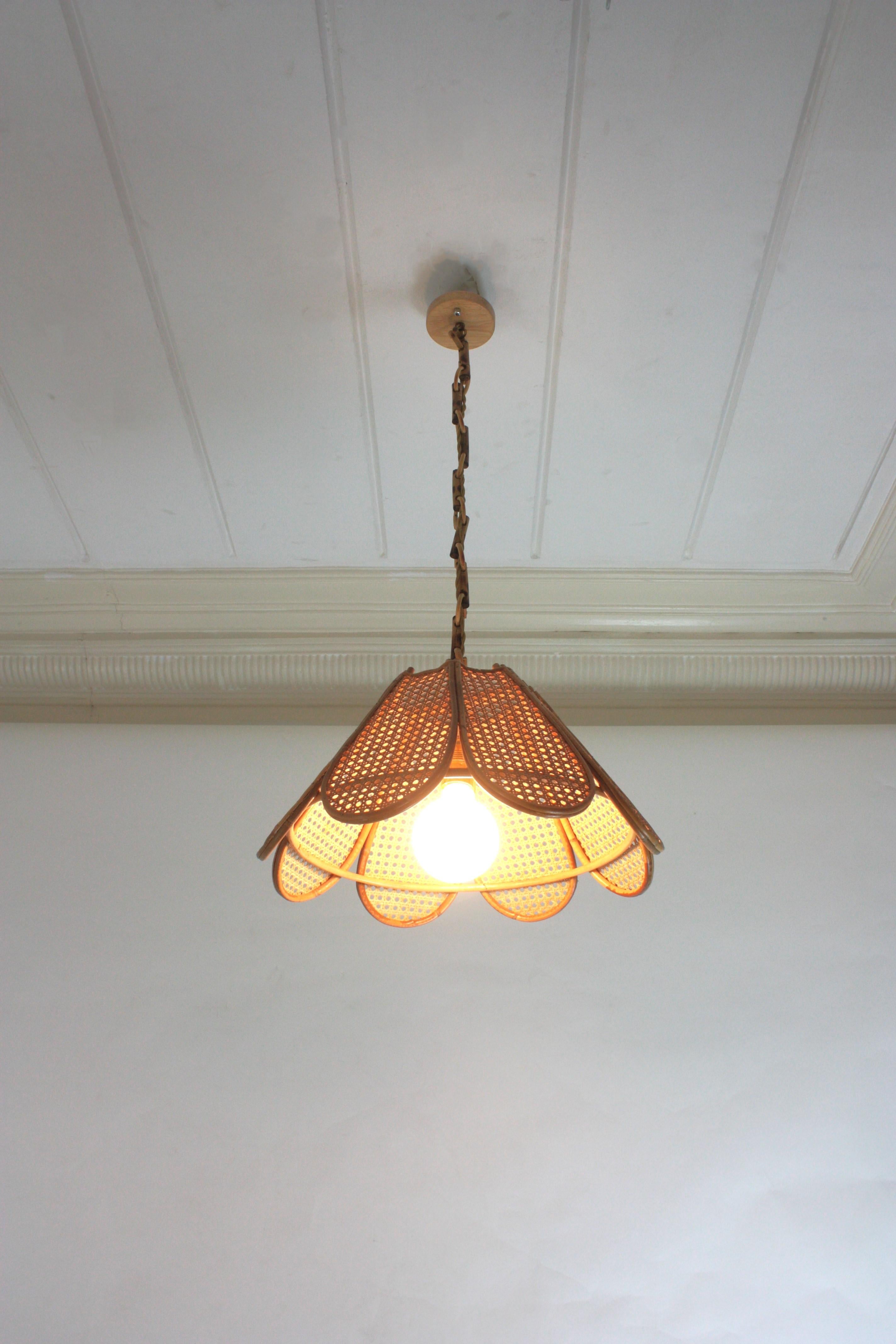 Spanish Modernist Woven Wicker Rattan Palm Pendant Light, 1960s 8