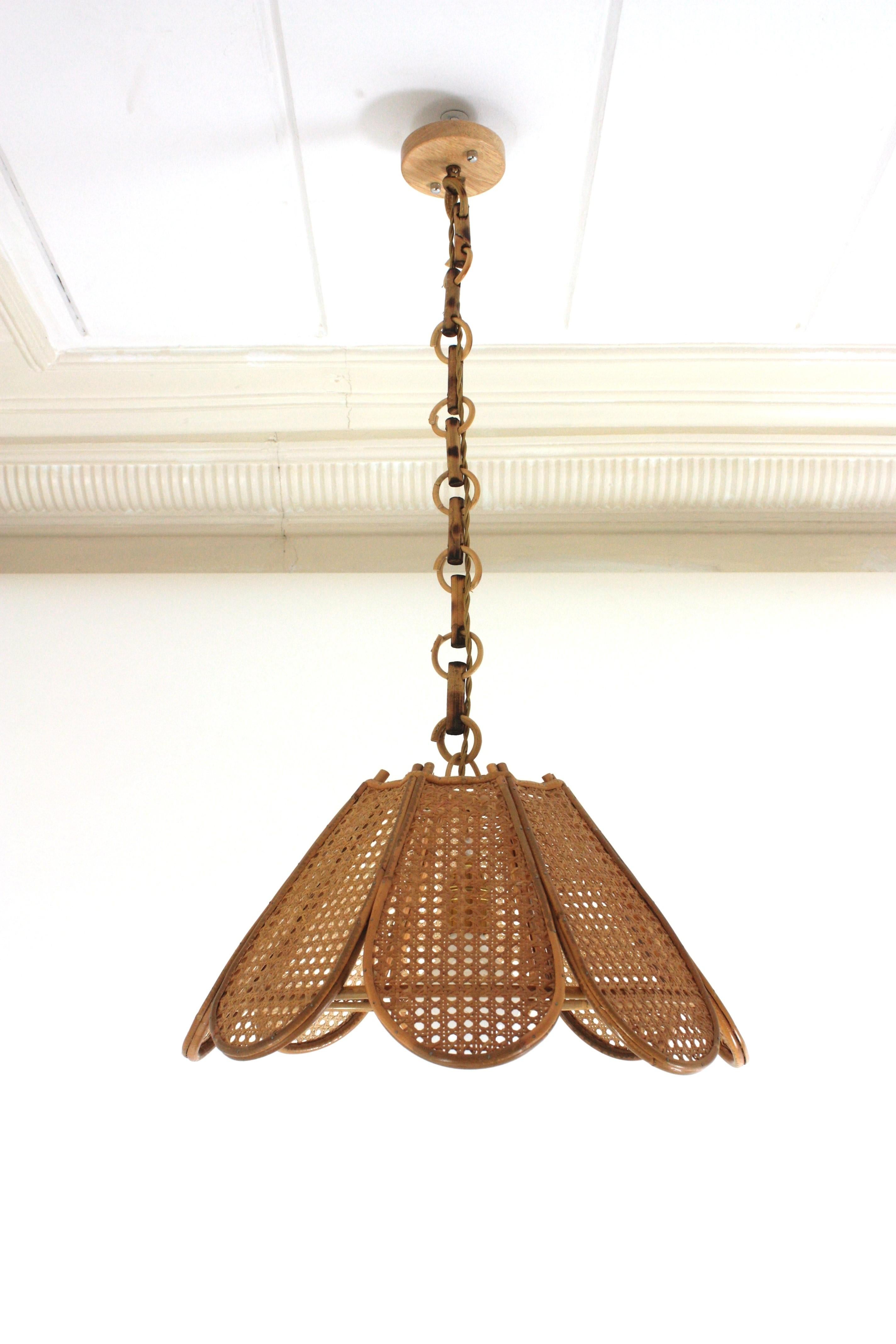 Spanish Modernist Woven Wicker Rattan Palm Pendant Light, 1960s 9