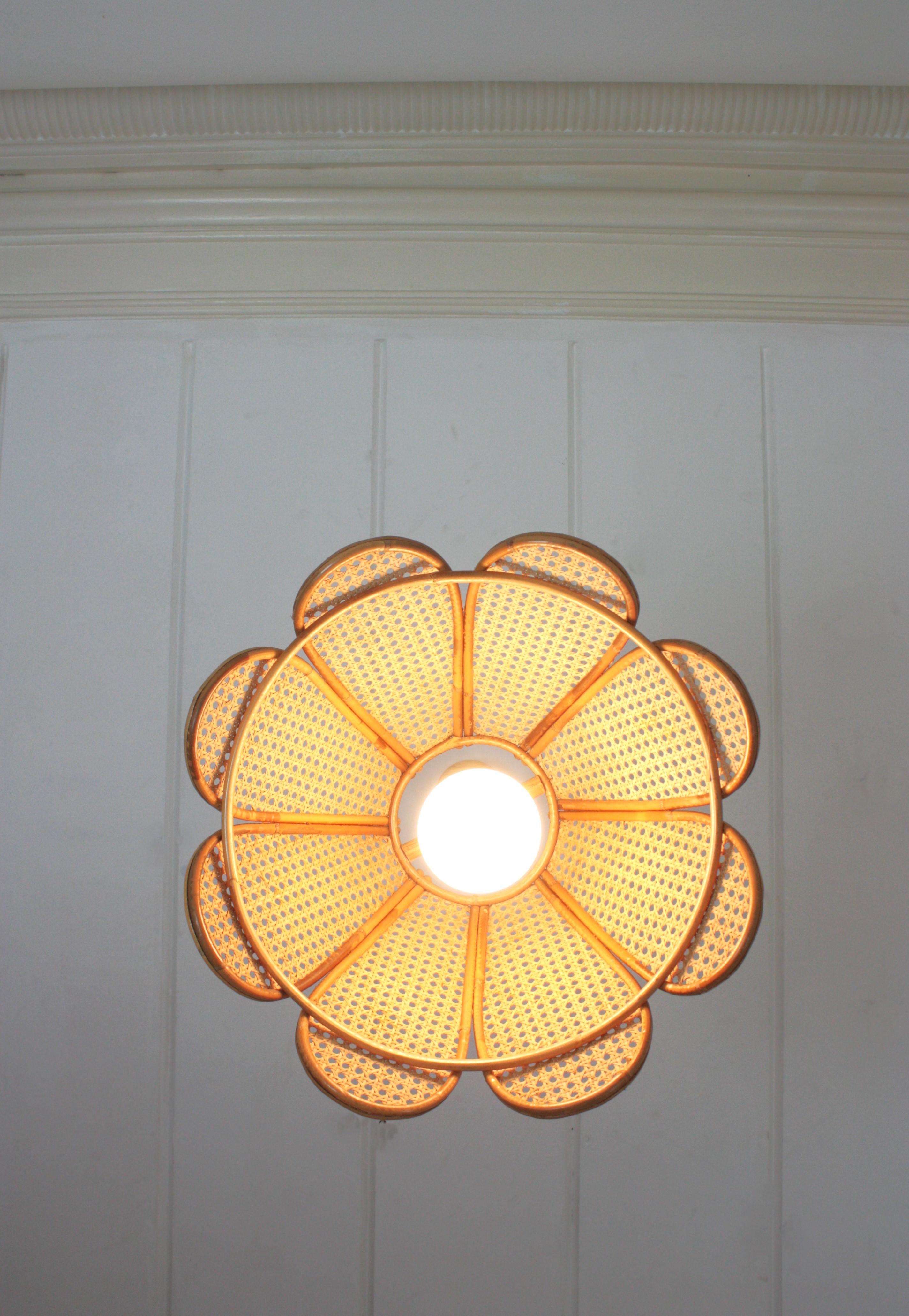 Spanish Modernist Woven Wicker Rattan Palm Pendant Light, 1960s 12