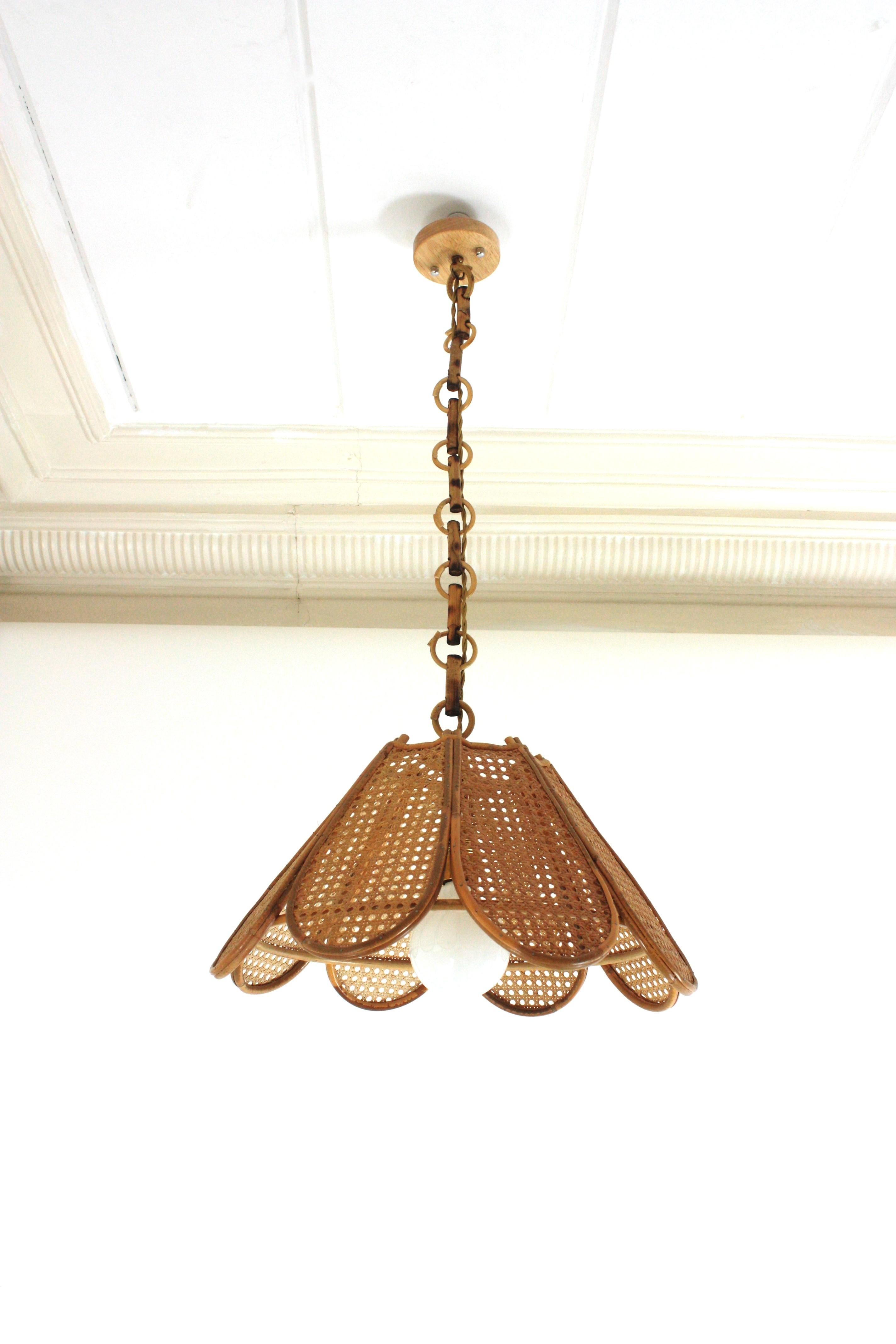 Mid-Century Modern Spanish Modernist Woven Wicker Rattan Palm Pendant Light, 1960s
