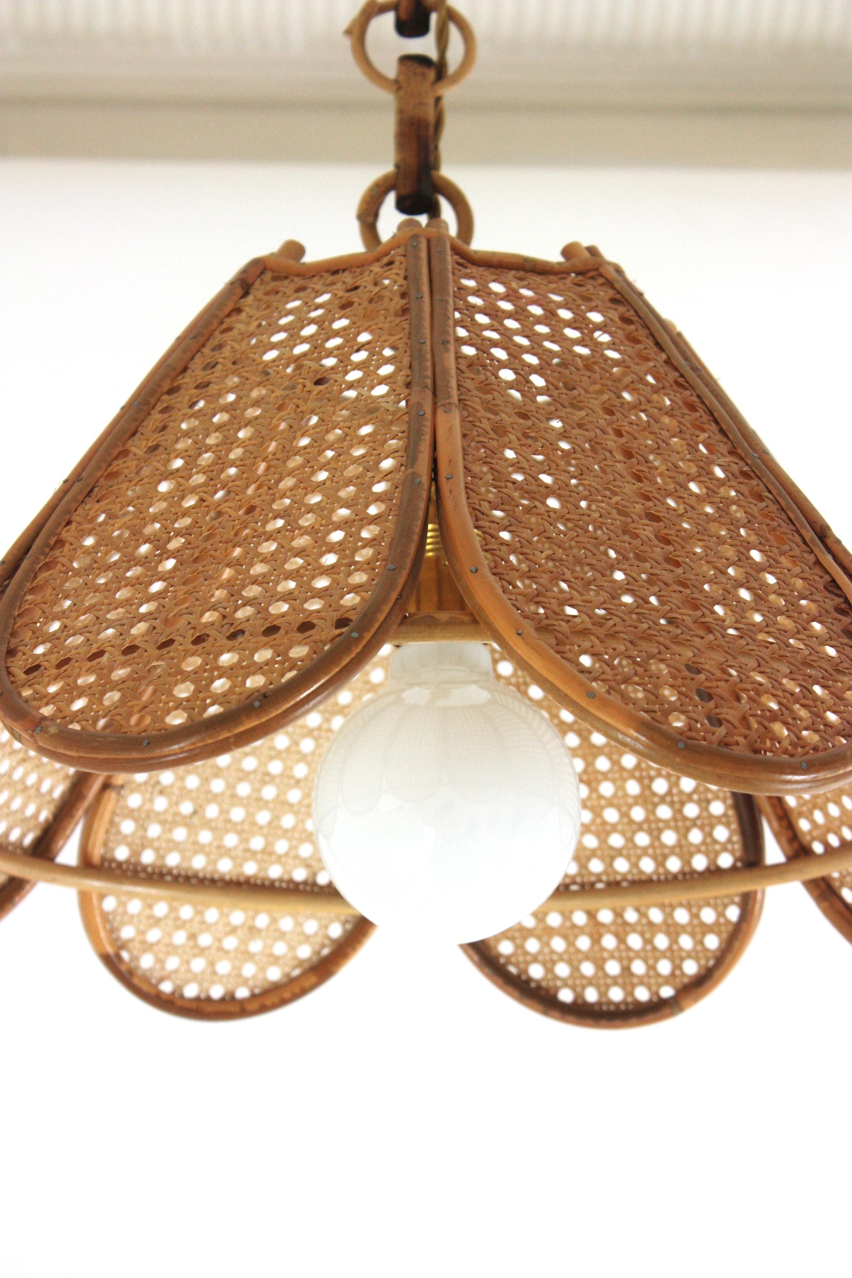 Hand-Crafted Spanish Modernist Woven Wicker Rattan Palm Pendant Light, 1960s