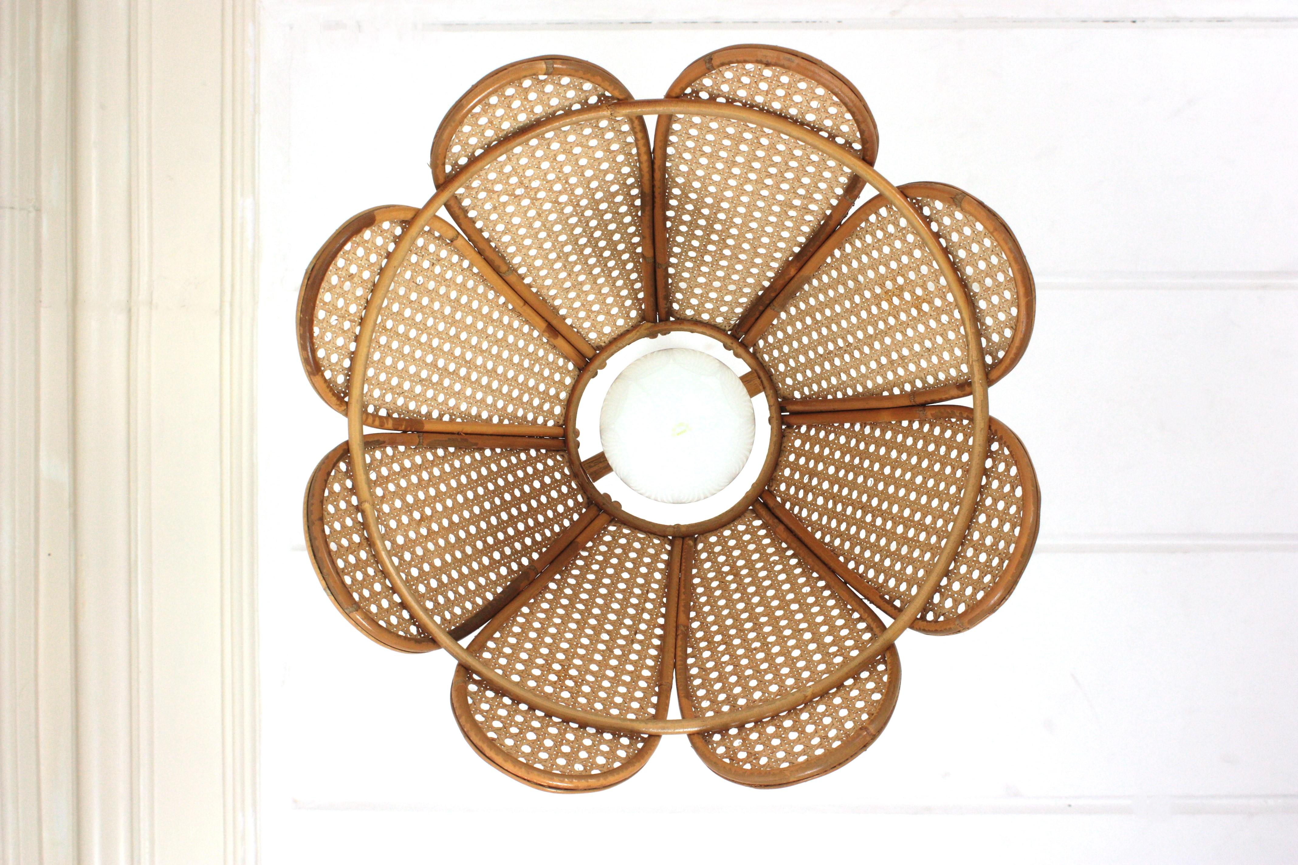 20th Century Spanish Modernist Woven Wicker Rattan Palm Pendant Light, 1960s