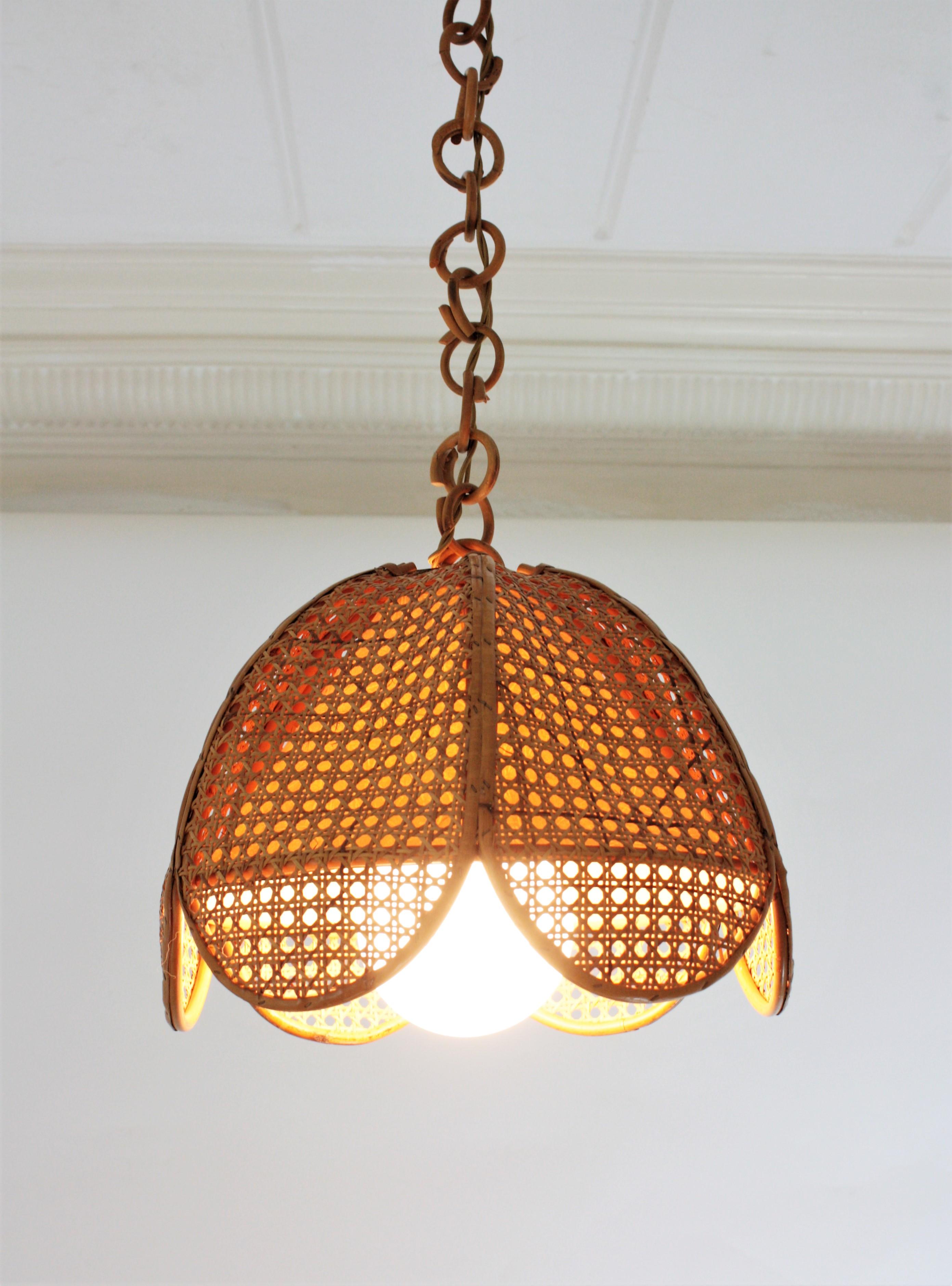 Hand-Crafted Spanish Modernist Woven Wicker Rattan Palm Pendant Light, 1960s For Sale
