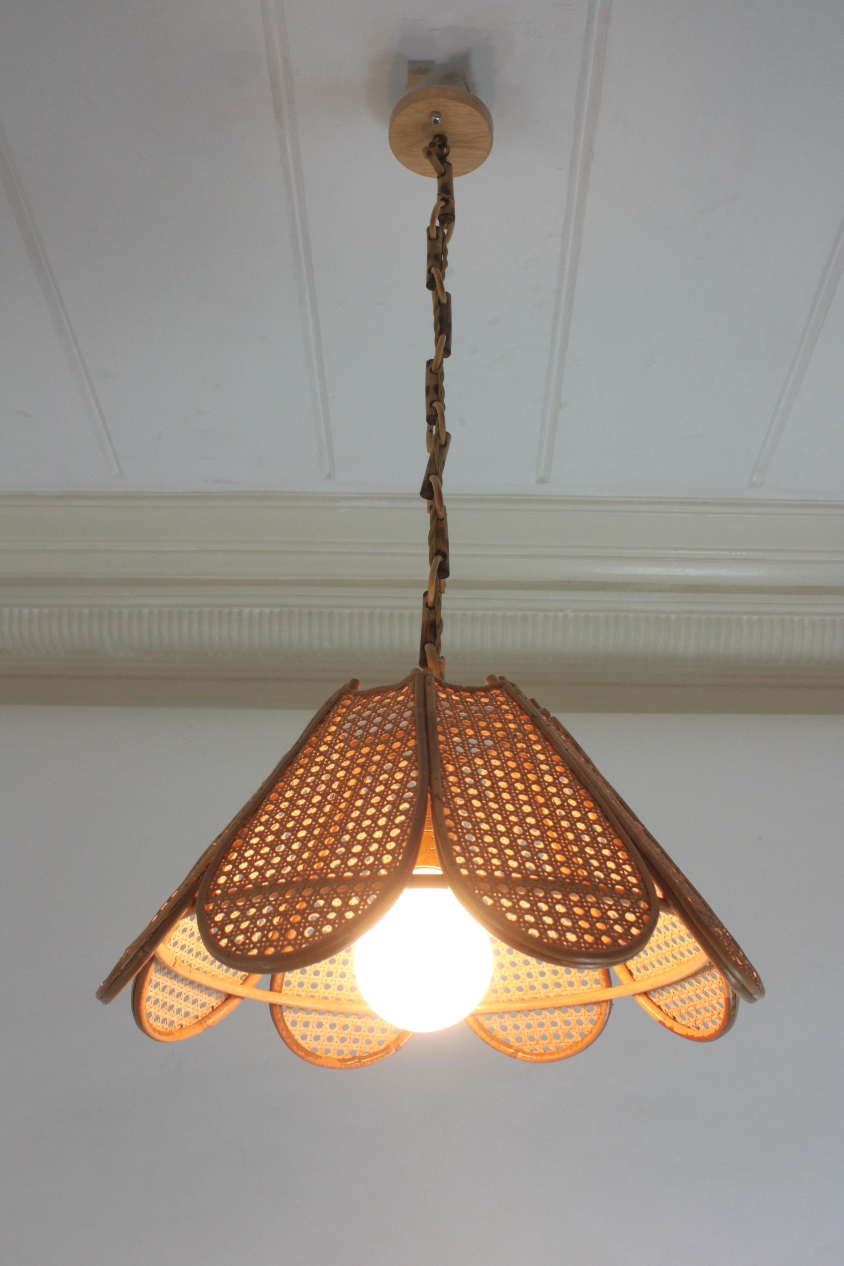 Spanish Modernist Woven Wicker Rattan Palm Pendant Light, 1960s 1