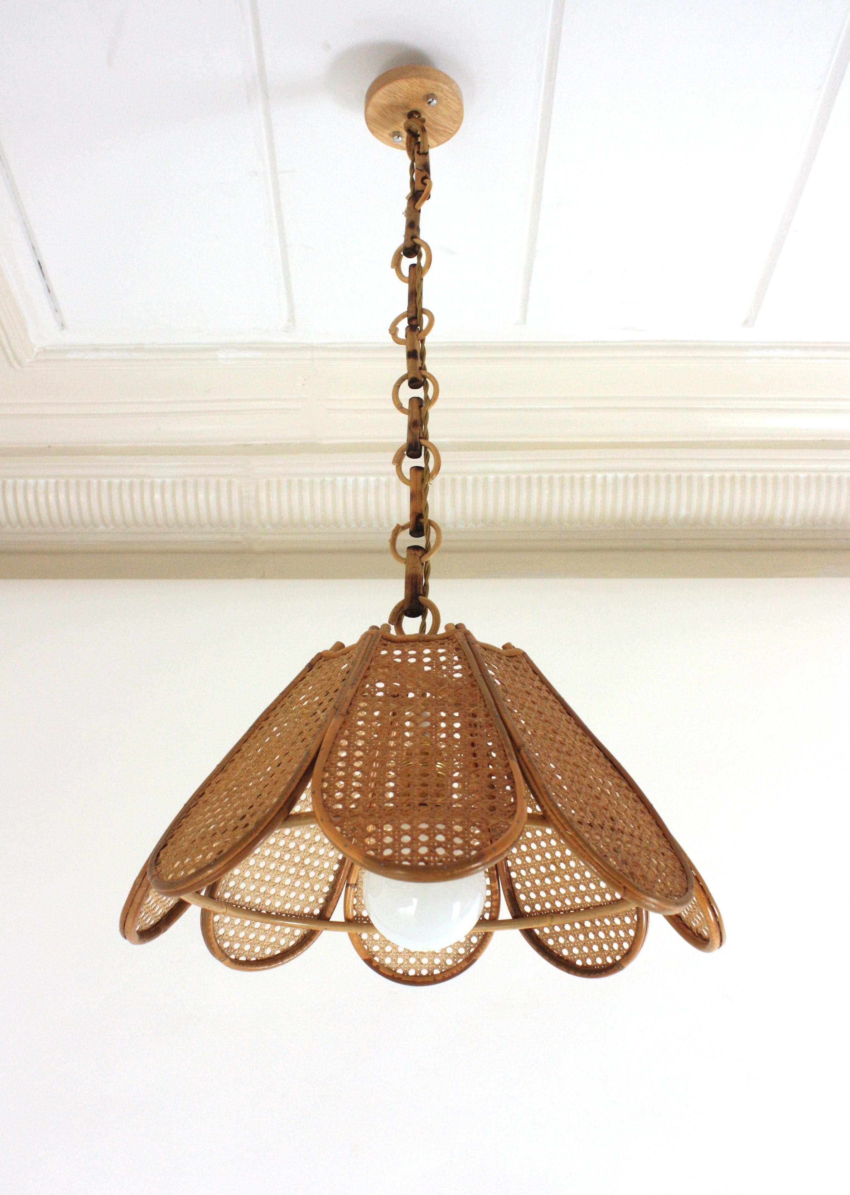 Spanish Modernist Woven Wicker Rattan Palm Pendant Light, 1960s 2