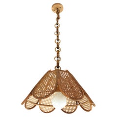Spanish Modernist Woven Wicker Rattan Palm Pendant Light, 1960s