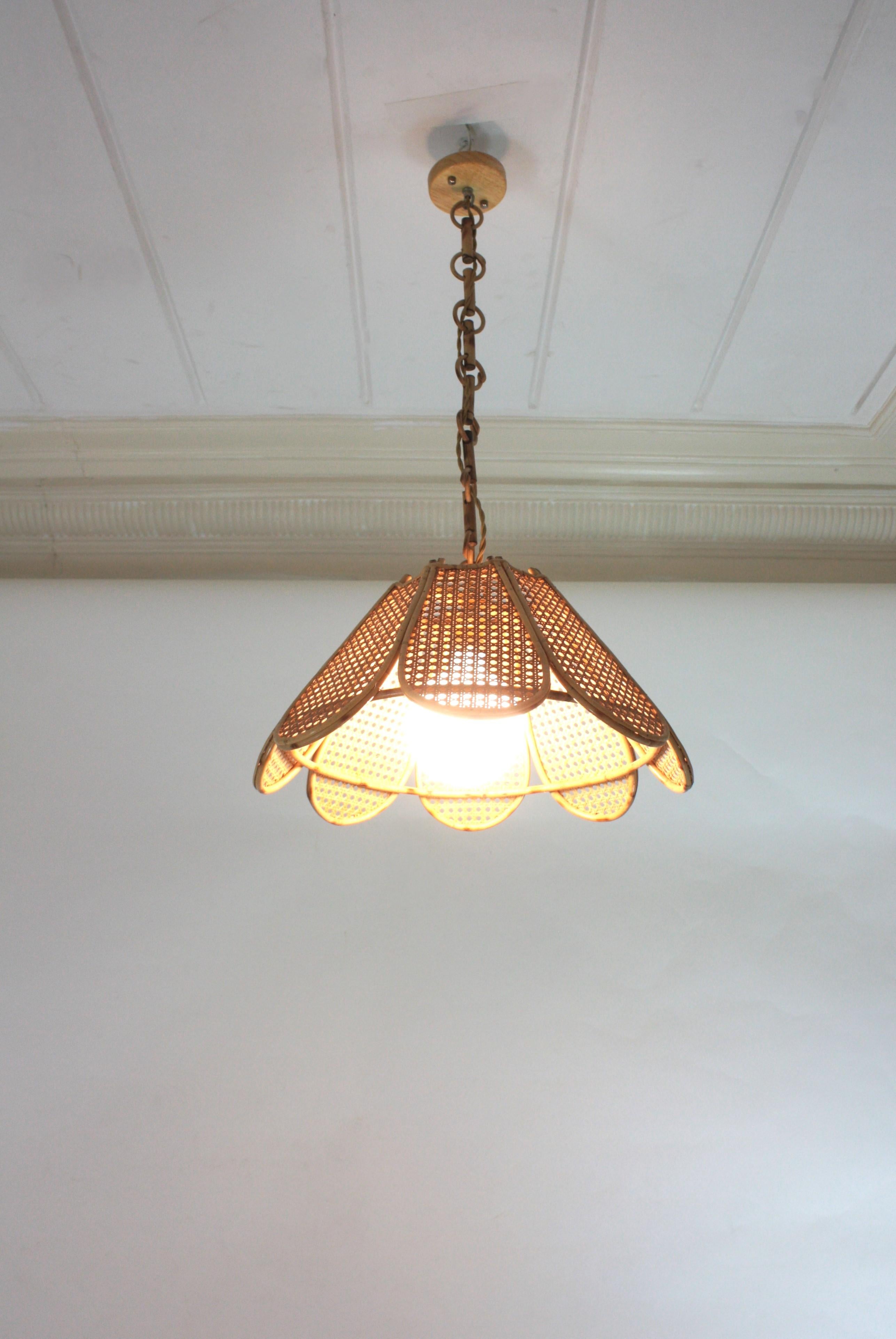 Spanish Modernist Woven Wicker Rattan Palm Pendant Light / Lantern, 1960 For Sale 10